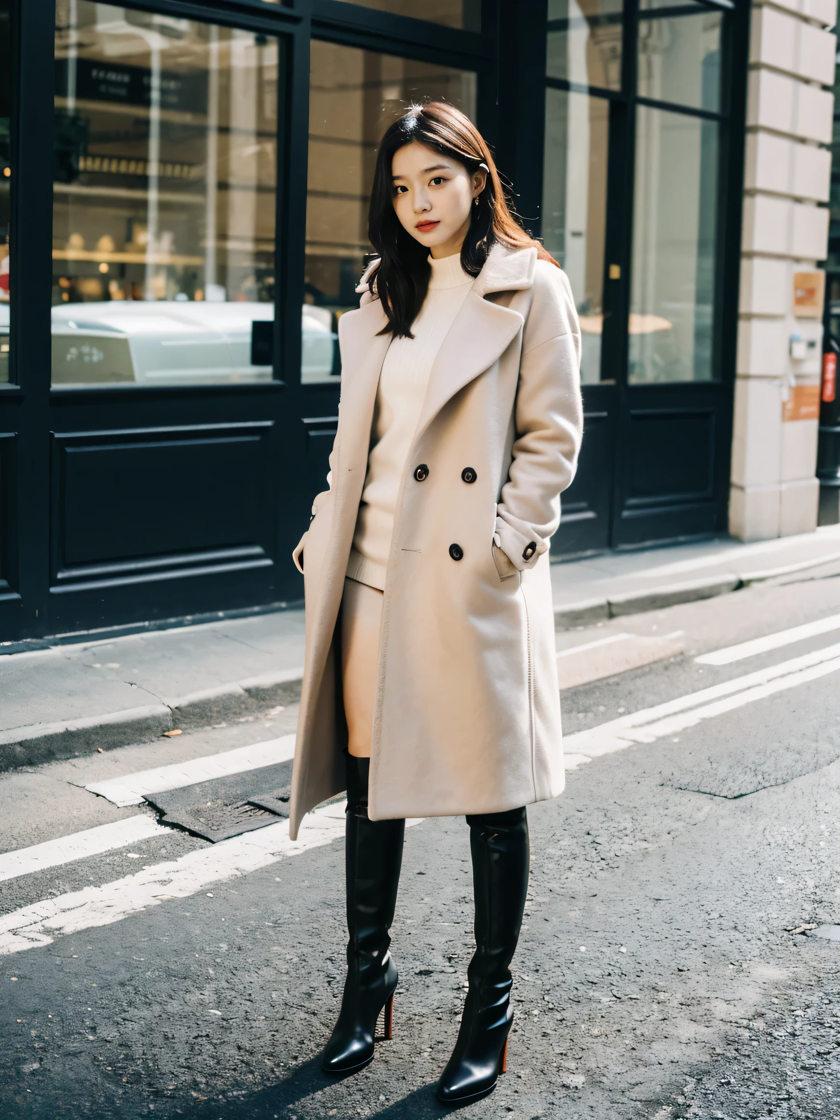 best quality,masterpiece,ultra high resolution,(actual:1.4),original photo,ultra high definition，8k，there  a girl，fashionable clothes,Chanel style，Stylish skinny suit, Long coat，high-class fashion，grace, high boots，over the knee boots，Casual gestures，Leg length