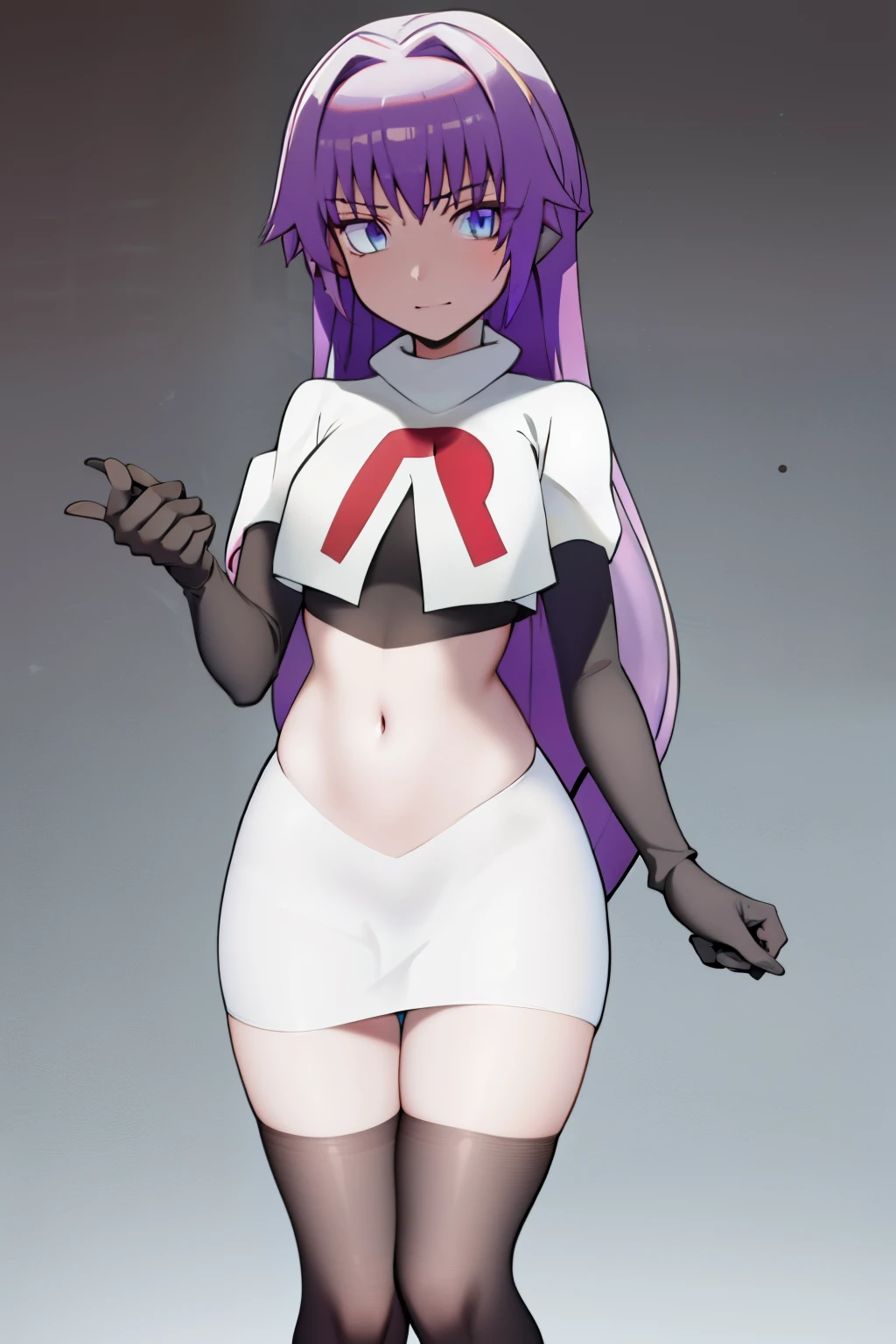 (best quality, 8k, 32k, masterpiece, UHD:1.2), 1girl, absurdres , RitsuR4, purple hair, blue eyes, blue eyes, very long hair,  team rocket,team rocket uniform, red letter R, white skirt,white crop top,black thigh-highs,black elbow gloves