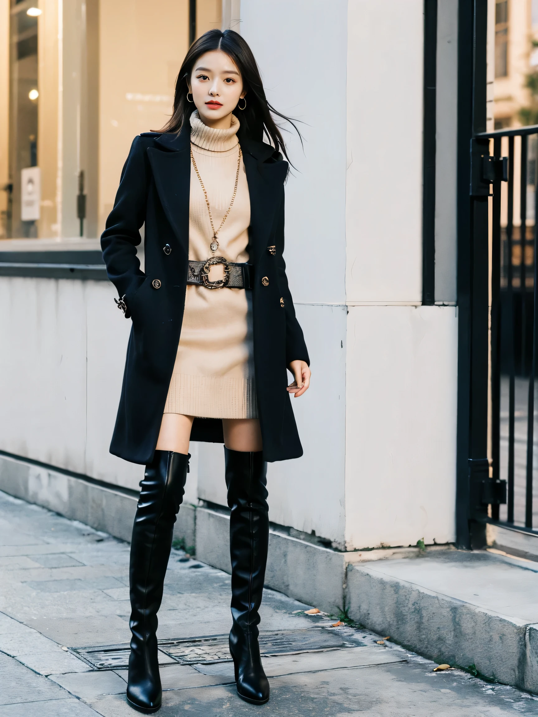 best quality,masterpiece,ultra high resolution,(actual:1.4),original photo,ultra high definition,8k,there a girl,fashionable clothes,Chanel style,Stylish skinny suit, Long coat,high-class fashion,grace, high boots,over the knee boots,Casual gestures,Leg length
