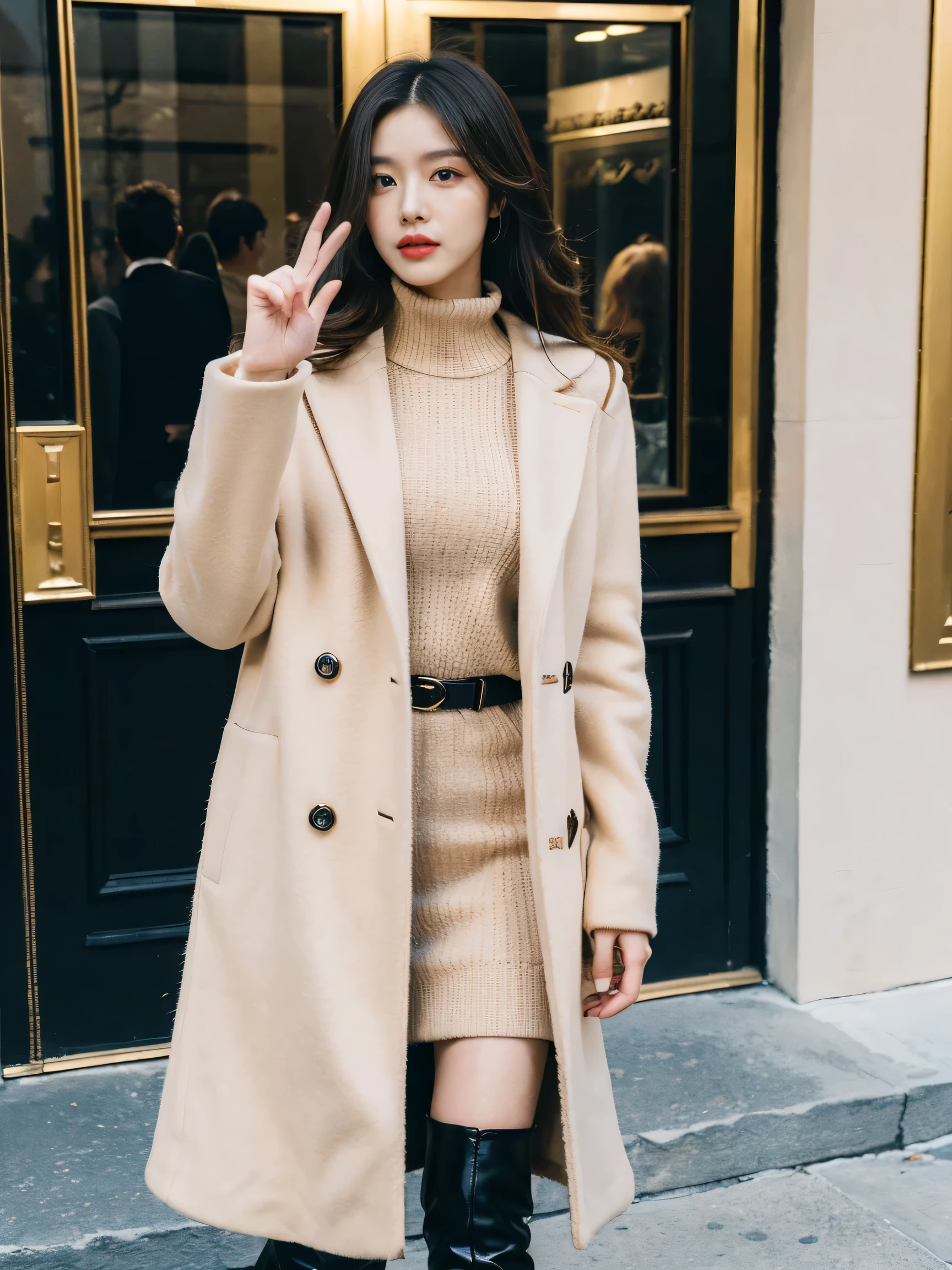 best quality,masterpiece,ultra high resolution,(actual:1.4),original photo,ultra high definition，8k，there  a girl，fashionable clothes,Chanel style，Stylish skinny suit, Long coat，high-class fashion，grace, high boots，over the knee boots，Casual gestures，Leg length