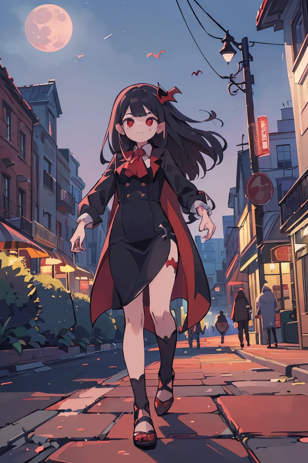 (((Top quality and highly detailed photorealism))),((Vampire Woman: Red Eyes、Very ),(Walk gracefully along bustling boulevards),(In the moonlight),(a scene from a movie:1.2))
