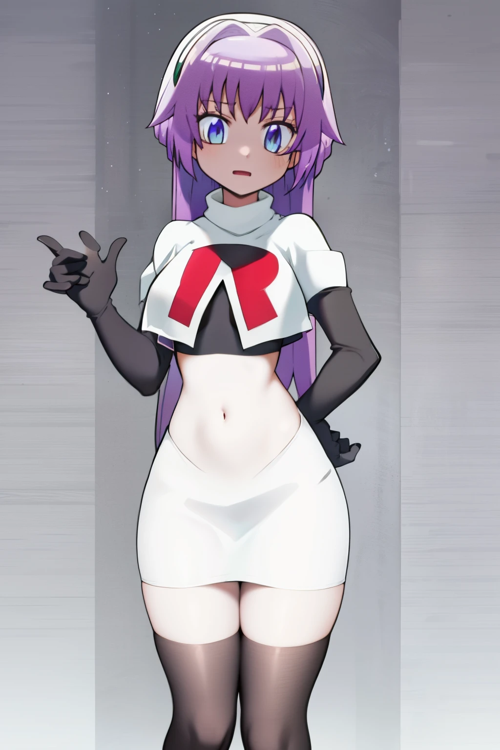 (best quality, 8k, 32k, masterpiece, UHD:1.2), 1girl, absurdres , RitsuR4, purple hair, blue eyes, blue eyes, very long hair, team rocket,team rocket uniform, red letter R, white skirt,white crop top,black thigh-highs,black elbow gloves