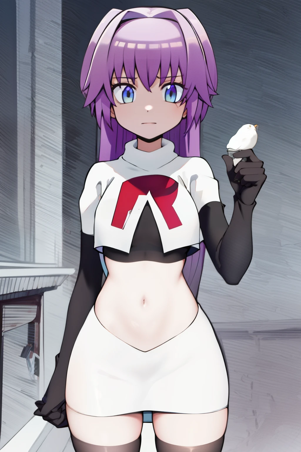 (best quality, 8k, 32k, masterpiece, UHD:1.2), 1girl, absurdres , RitsuR4, purple hair, blue eyes, blue eyes, very long hair,  team rocket,team rocket uniform, red letter R, white skirt,white crop top,black thigh-highs,black elbow gloves