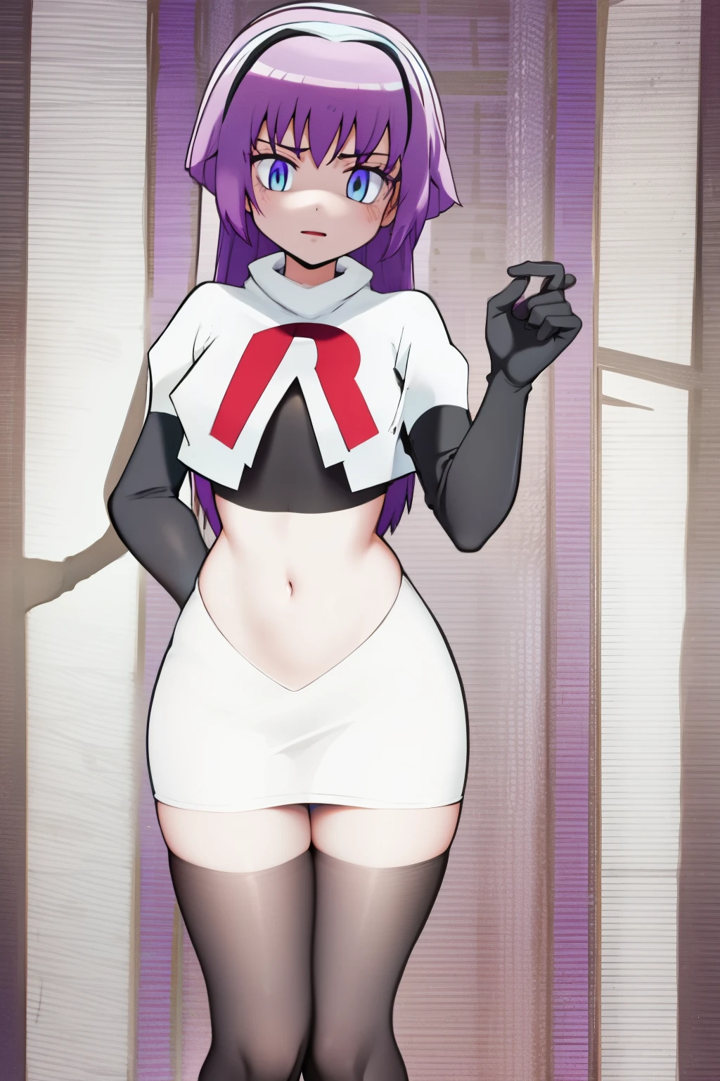 (best quality, 8k, 32k, masterpiece, UHD:1.2), 1girl, absurdres , RitsuR4, purple hair, blue eyes, blue eyes, very long hair,  team rocket,team rocket uniform, red letter R, white skirt,white crop top,black thigh-highs,black elbow gloves