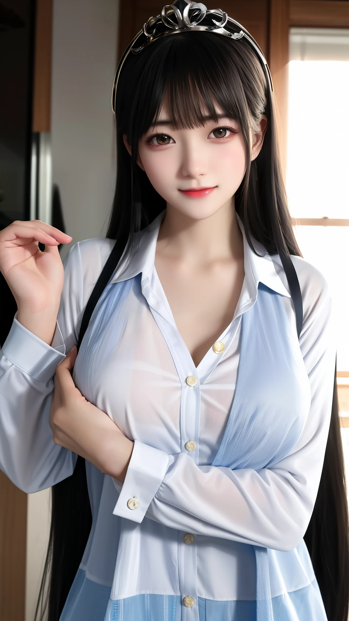 best quality、masterpiece、high resolution、1 girl、有一个wearing shirt,A woman with a crown on her head, wearing shirt, OPPEIN, split, V-chest clothes, coverage and , Strictly dressed reast huge, reast, reast!, OPPEIN比例, Tik, cardigan, Big breast, revealing clothes, SFV, wearing a suit、pretty face、Physically、Tyndall effect、realistically、shadow studio、edge lighting、Dual color lighting、(High detail skin:1.2)、8k ultra high definition、SLR camera、soft light lighting、high quality、Volumetric light、、photo、high resolution、4K、8k、The background blurred,