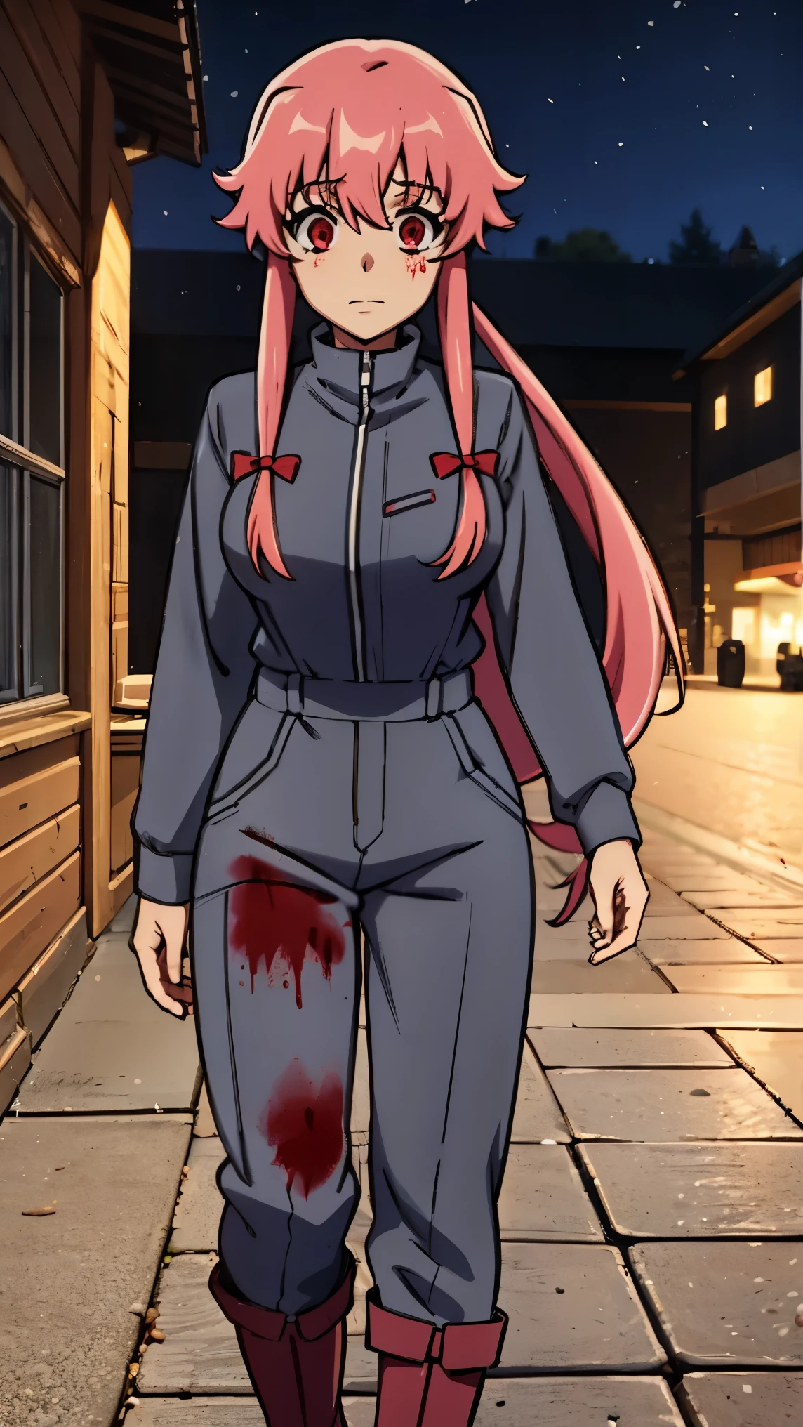 Yuno gasai, (large breasts), dark grey boiler suit, boots, yandere, crazy, wearing a black face mask, crazy eyes, red eyes, night, outdoors, blood, blood splatter,