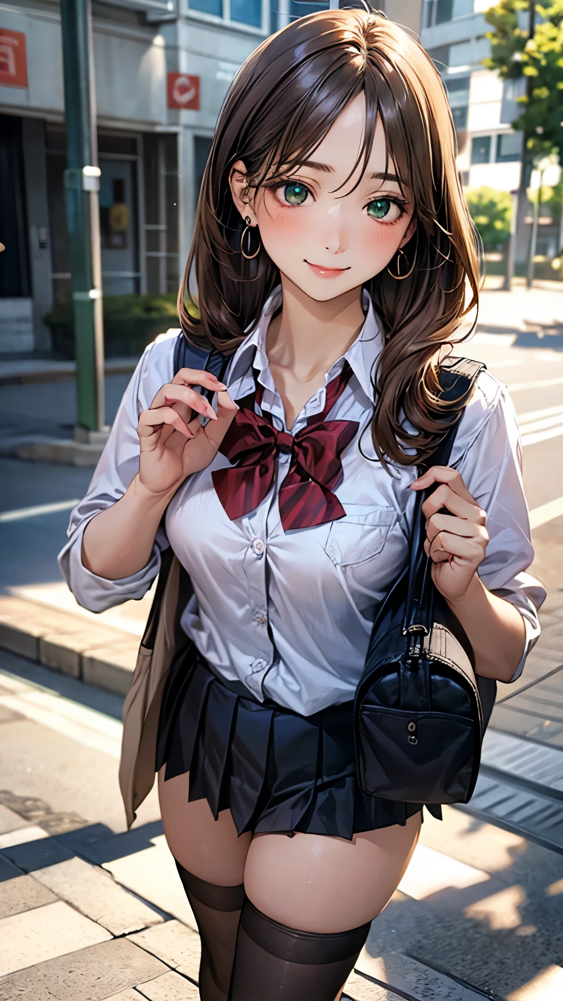 (masterpiece:1.2, top-quality), (realistic, photorealistic:1.4), beautiful illustration, (natural side lighting, movie lighting),
looking at viewer, cowboy shot, front view:0.6, 1 girl, japanese, high school girl, perfect face, cute and symmetrical face, shiny skin,
(long hair:1.8, side ponytail:1.7, light brown hair), parted bangs, emerald green eyes, long eye lasher, (large breasts:0.9, thick thighs),
beautiful hair, beautiful face, beautiful detailed eyes, beautiful clavicle, beautiful body, beautiful chest, beautiful thigh, beautiful legs, beautiful fingers,
((white collared shirts, black pleated mini skirt, black socks, brown loafers, red bow tie)), break, hoop ring earrings, pink panties, dark blue school bag, violet cardigan, break,
(beautiful scenery), evening, riverside, walking, hands on chest, (lovely smile, upper eyes),