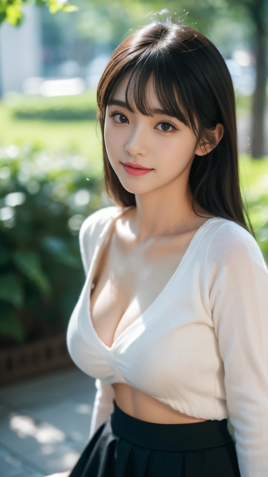 Smile、natta、Raw photography、(((Ultimate Beauty Portrait)))、((glistning skin))、女の子1人、 beautiful girl in Prague、bright expression、((black haired))、(cleavage of the breast)、(flered skirt:1.5)、((Big eyes that shine like jewels))、open cardigan、Open your clothes、panthyhose、Glossy glossy skin、(is standing)、(frombelow)、Under the skirt、(Close-up of underwear from below)、eye liner、Beautiful bangs、Hair between the eyes、((​masterpiece、top-quality、ultra-detailliert、Film Light、intricate-detail、hight resolution、ighly detailed))、细致背景、8KUHD、Digital SLR、Soft light、hightquality、Film grain、FujifilmXT3 、Shallow depth of field、natural soft light、Kamimei、Lush bust