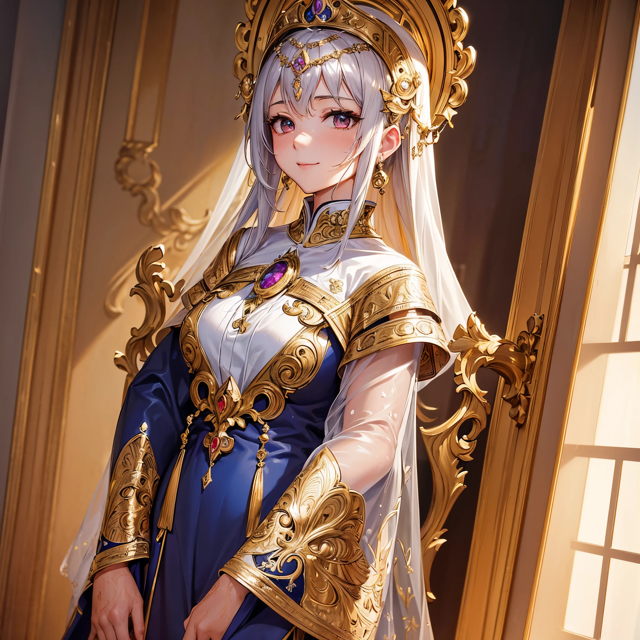 ((highest quality)),(ultra high resolution),(Super detailed),(detailed description),((best CG)),(best work of art),super precision art,great drawing art,(Art with precise details:1.5), (1 woman:1.6)priest:1.5,gentle smile:1.6,a simple robe:1.5, Beautiful and detailed stained glass:1.6