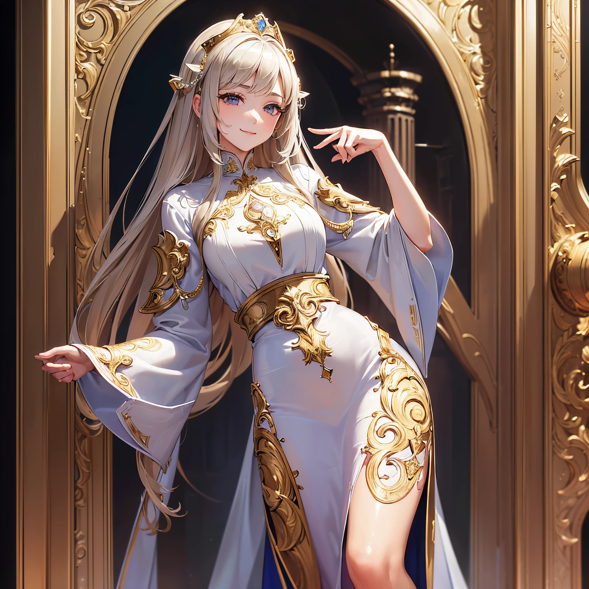 ((highest quality)),(ultra high resolution),(Super detailed),(detailed description),((best CG)),(best work of art),super precision art,great drawing art,(Art with precise details:1.5), (1 woman:1.6)priest:1.5,gentle smile:1.6,a simple robe:1.5, Beautiful and detailed stained glass:1.6