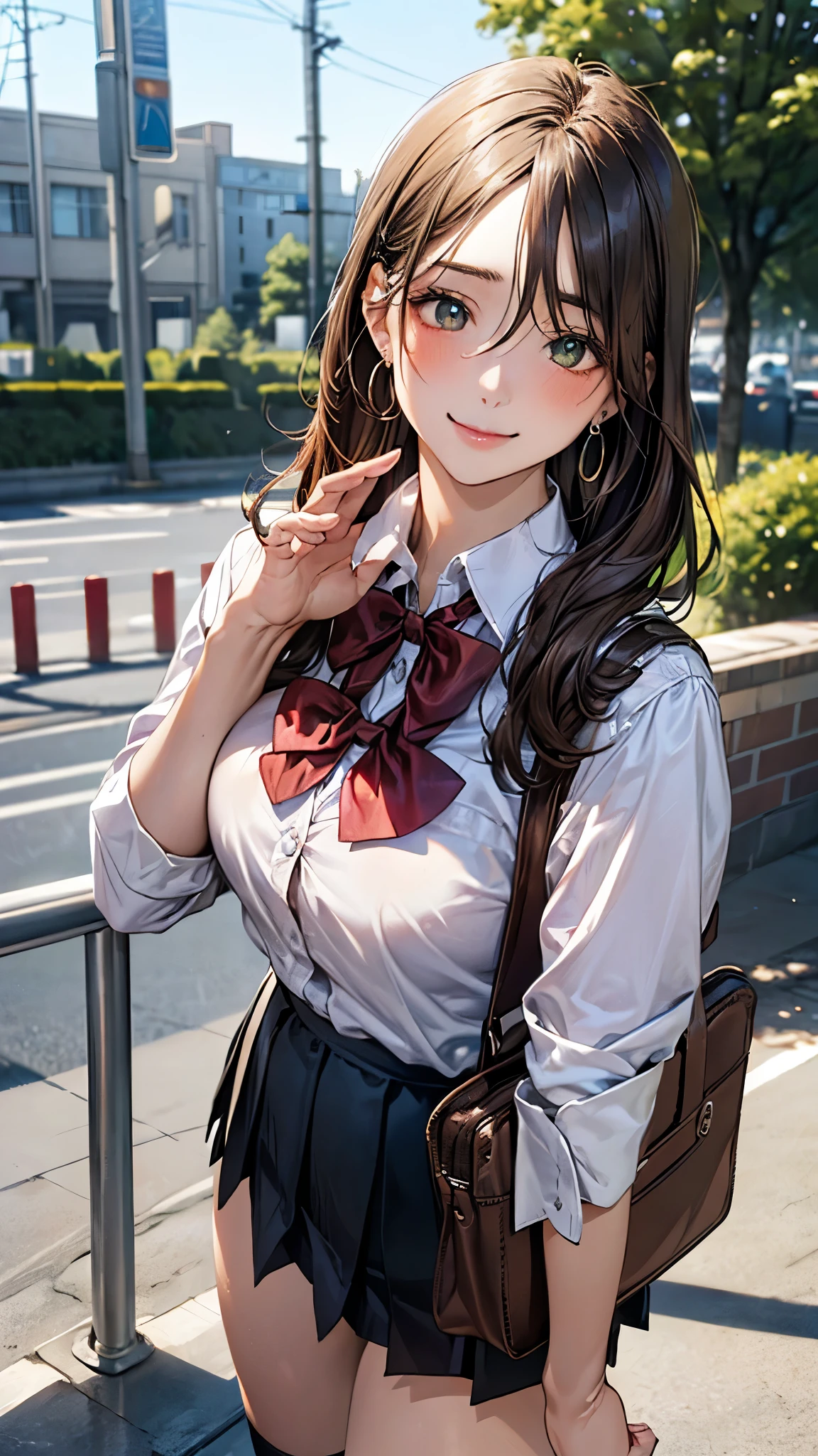 (masterpiece:1.2, top-quality), (realistic, photorealistic:1.4), beautiful illustration, (natural side lighting, movie lighting),
looking at viewer, cowboy shot, front view:0.6, 1 girl, japanese, high school girl, perfect face, cute and symmetrical face, shiny skin,
(long hair:1.8, side ponytail:1.7, light brown hair), parted bangs, emerald green eyes, long eye lasher, (large breasts:0.9, thick thighs),
beautiful hair, beautiful face, beautiful detailed eyes, beautiful clavicle, beautiful body, beautiful chest, beautiful thigh, beautiful legs, beautiful fingers,
((white collared shirts, black pleated mini skirt, black socks, brown loafers, red bow tie)), break, hoop ring earrings, pink panties, dark blue school bag, violet cardigan, break,
(beautiful scenery), evening, riverside, walking, hands on chest, (lovely smile, upper eyes),