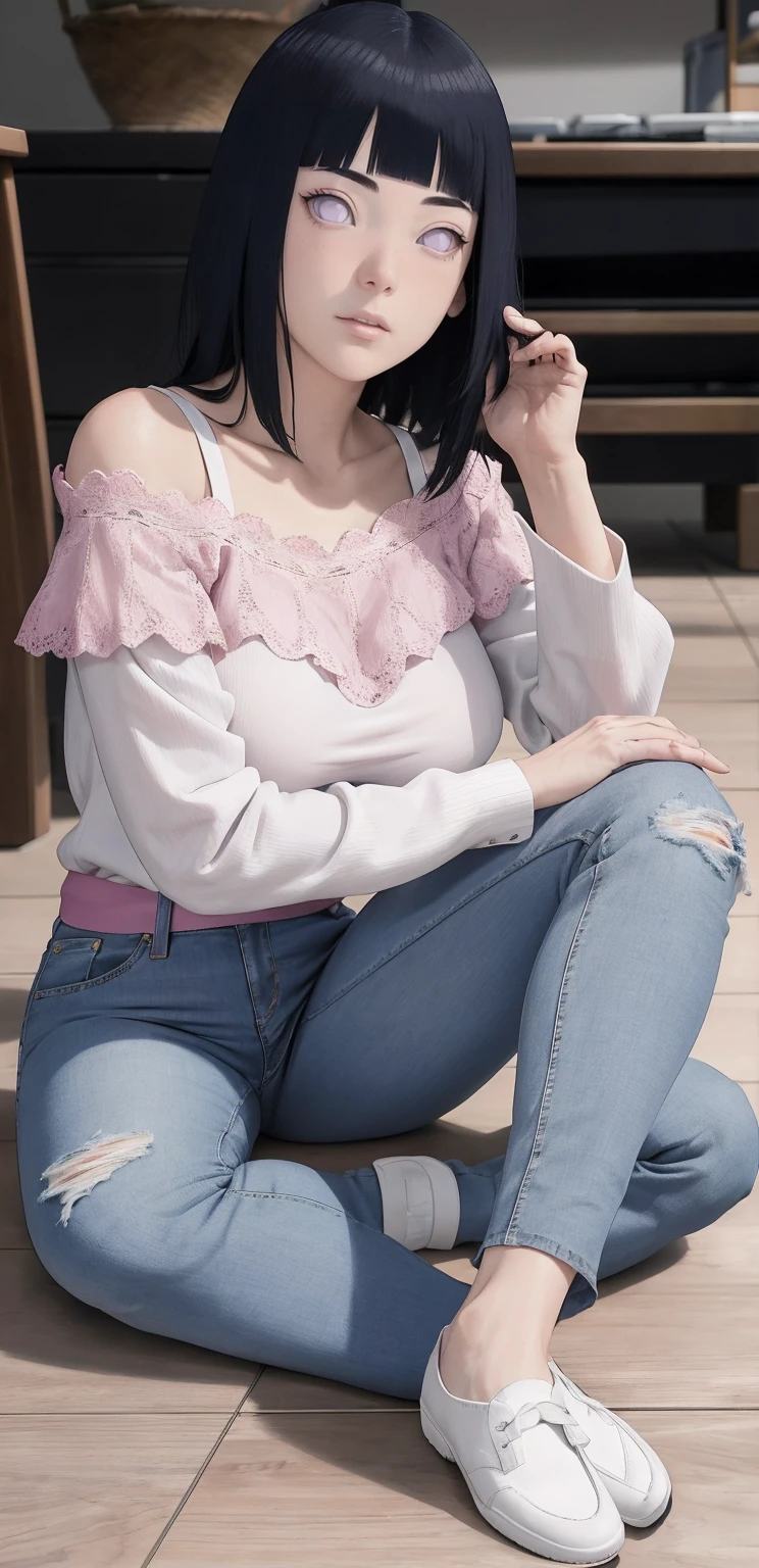 {-erro_de_anatomia:1.0}(Masterpiece - Ultra-Detailed, High Resolution) Masterpiece, absurderes, Hinata\(Boruto\), 1girll, Solo,Mature female, Off-the-shoulder lace shirt, When looking at the camera,  Perfect composition, Detailed lips, big breast, Beautiful face, body propotion, Blush, (Pink lips), Long hair,  Purple eyes,  Soft gaze,  Super realistic, Detailed, photoshoot, Realistick faces and bodies, whole body, sitting on the floor, standing, looking at the camera, with white background, lilac shoes, jeans