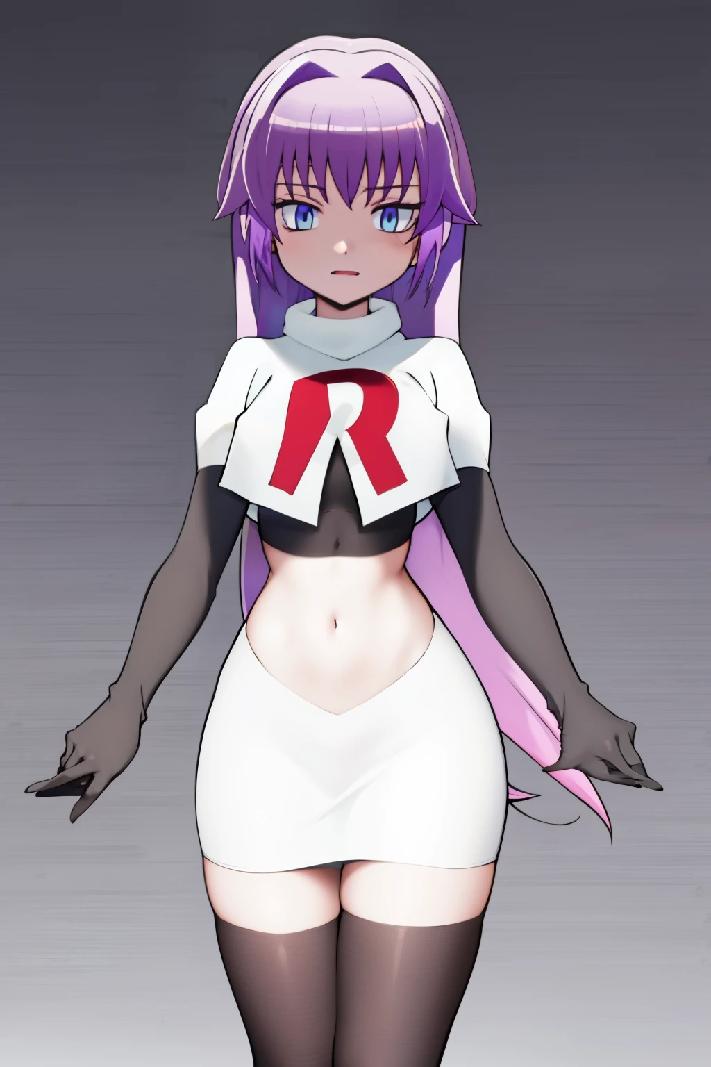 (best quality, 8k, 32k, masterpiece, UHD:1.2), 1girl, absurdres , RitsuR4, purple hair, blue eyes, blue eyes, very long hair,  team rocket,team rocket uniform, red letter R, white skirt,white crop top,black thigh-highs,black elbow gloves