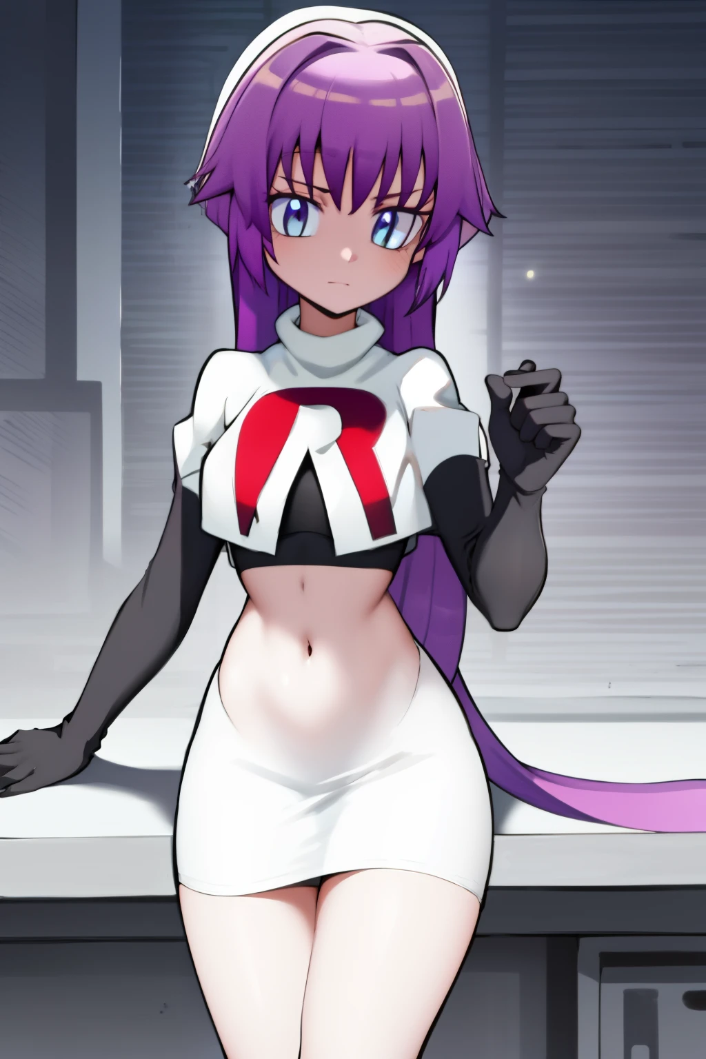 (best quality, 8k, 32k, masterpiece, UHD:1.2), 1girl, absurdres , RitsuR4, purple hair, blue eyes, blue eyes, very long hair,  team rocket,team rocket uniform, red letter R, white skirt,white crop top,black thigh-highs,black elbow gloves