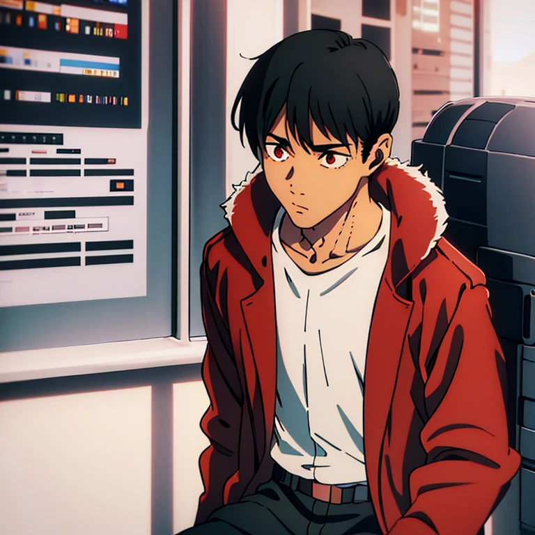 Male, black hair, white button up shirt, black paints, boots, faded red coat with a tan fur collar