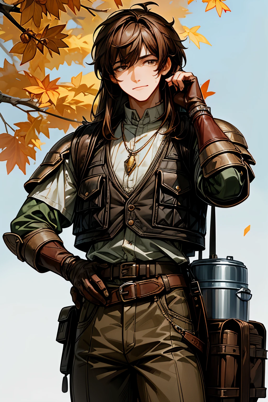 Masterpiece, ultra-high quality, very detailed, trending on ArtStation, 1man, long hair, (dark brown hair), ((messy haircut)), looking at viewer, (head slightly tilted), extremely detailed eyes, (brown iris), smiling slightly, detailed nose, sweat droplets on cheek, wearing gemstone on necklace, carrying small travel backpack on back, (leather backpack), wearing leather quilted vest, (using iron shoulder pads), wearing gloves, (extremely detailed fingers), wearing loose leather pants, (beige pants), leather boots with laces, belt and buckles on the waist, (survival tools on the belt), ((canteen hanging from the belt)), actor standing on a boulder, actor holding a map in his left hand, actor waving his right hand, forest in the background, autumn trees in the background, blue sky in the background, white clouds in the background, sunny atmosphere