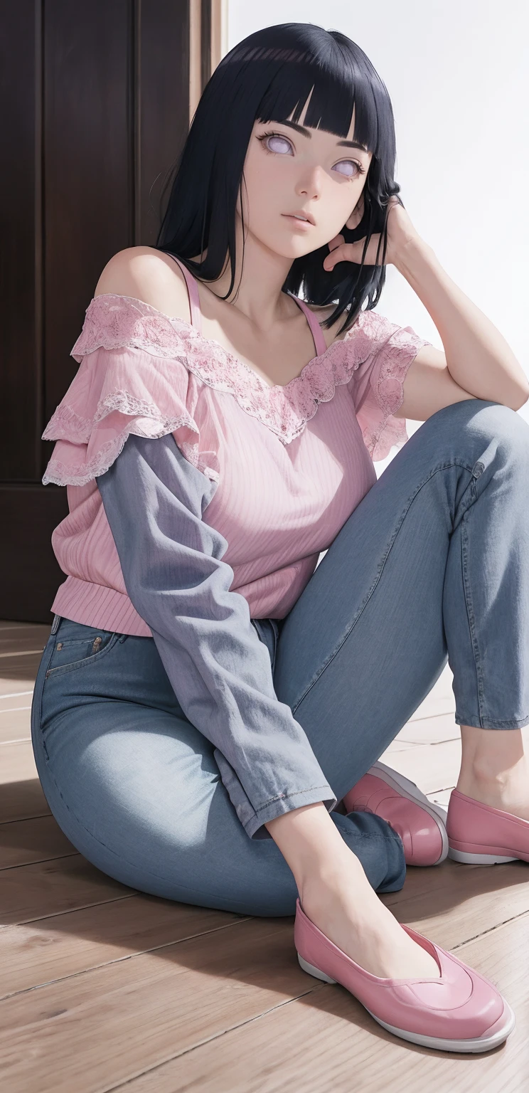 {-erro_de_anatomia:1.0}(Masterpiece - Ultra-Detailed, High Resolution) Masterpiece, absurderes, Hinata\(Boruto\), 1girll, Solo,Mature female, Off-the-shoulder lace shirt, When looking at the camera, Perfect composition, Detailed lips, big breast, Beautiful face, body propotion, Blush, (Pink lips), Long hair, Purple eyes, Soft gaze, Super realistic, Detailed, photoshoot, Realistick faces and bodies, whole body, sitting on the floor, standing, looking at the camera, with white background, lilac shoes, jeans