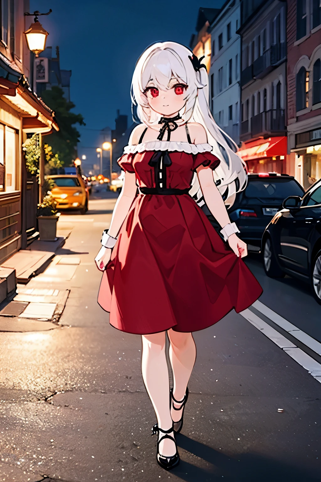 (((Top quality and highly detailed photorealism)))，((Vampire Woman: Red Eyes、Very ),(Walk gracefully along bustling  boulevards),(In the moonlight),(a scene from a movie:1.2))