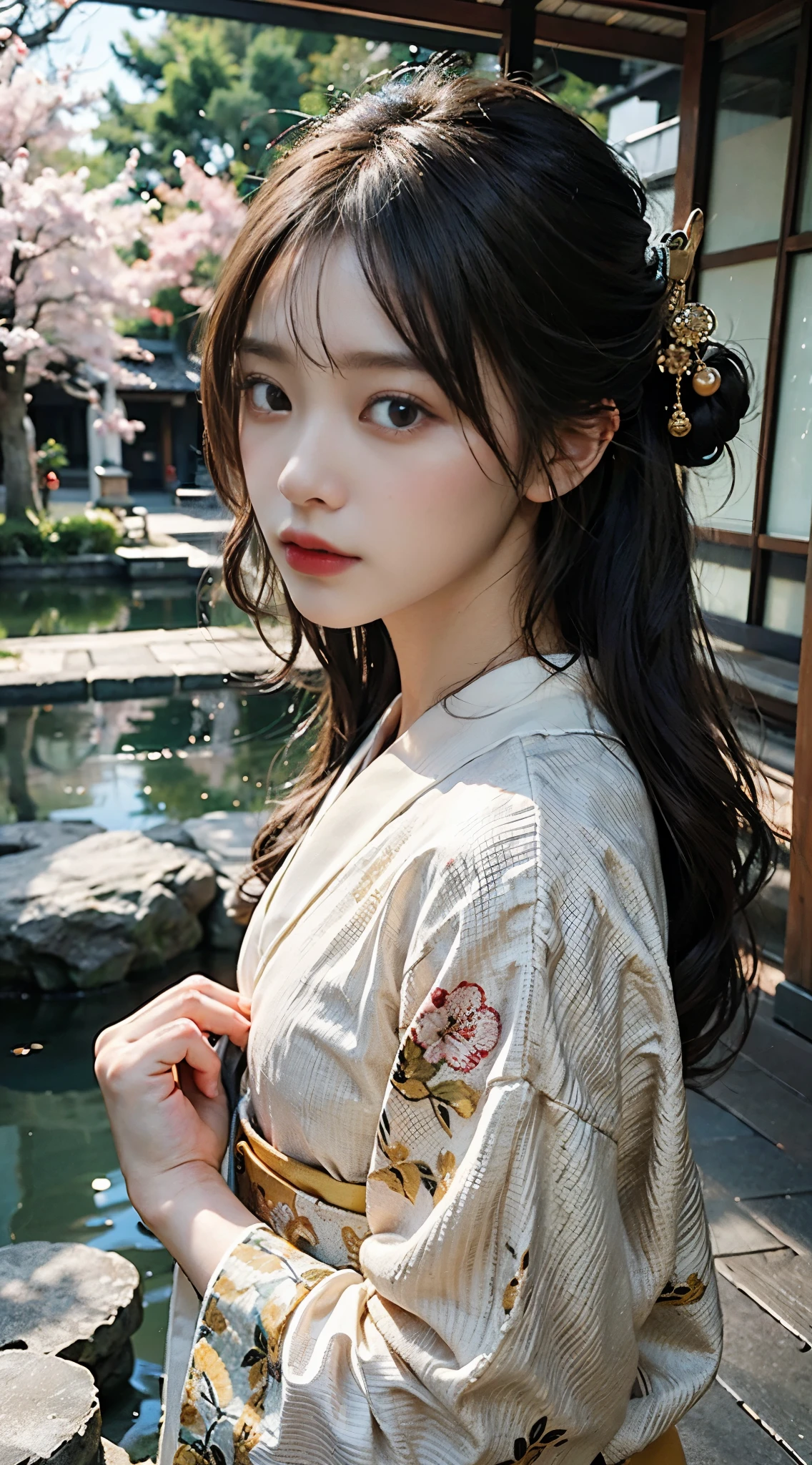 In a futuristic scene, Japanese geisha with machinery in elaborate garden. She has beautifully detailed eyes and lips that complement her face. Geishas wear traditional kimonos with intricate patterns and designs. Around her are bright Cherry tree and a quiet carp pond. A scene drawn by combining illustration and photorealism, Ultra-detailed brush strokes and clarity, Bright colors. Lighting emphasizes the elegant features of the geisha, Gives her porcelain skin a soft glow. Top quality artwork, 4K or 8K resolution, Showcase the intricate details of geisha attire, Cherry tree, And the shimmering scales of carp. overall color scheme 、A combination of traditional Japanese colors, crimson, wait., blacks, and subtle gold accents, With a futuristic twist. Fusion of ancient tradition and modern technology 、Create captivating and visually striking masterpieces.