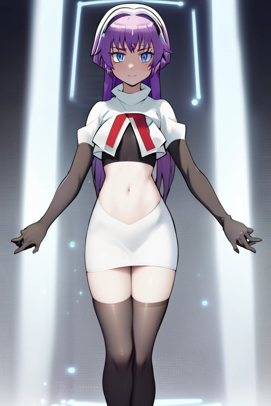 (best quality, 8k, 32k, masterpiece, UHD:1.2), 1girl, absurdres , RitsuR4, purple hair, blue eyes, blue eyes, very long hair,  team rocket,team rocket uniform, red letter R, white skirt,white crop top,black thigh-highs,black elbow gloves