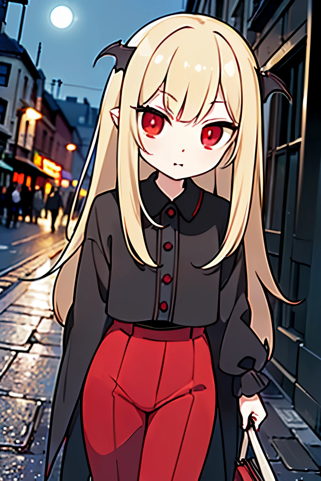 (((Top quality and highly detailed photorealism)))，((Vampire Woman: Red Eyes、Very ),(Walk gracefully along bustling  boulevards),(In the moonlight),(a scene from a movie:1.2))