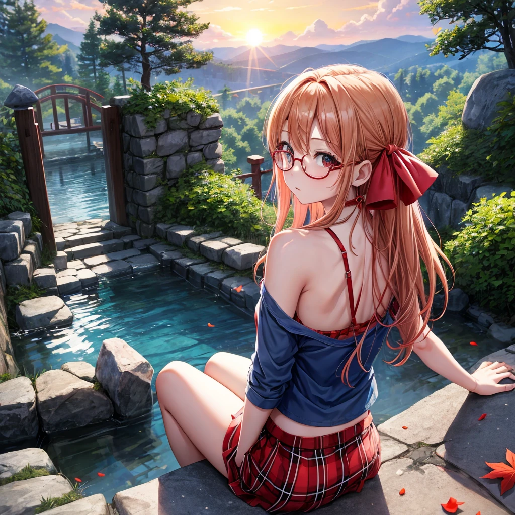 Red-blonde、blue hair、blue eyeraid、one good looking girl、solo、anime、Plaid miniskirt、camisole、black t-shirt、forest、sitting、Tilting your face、Doing the ribbon、sunset sky、stone bridge、stone stairs、petal、tunnel、stretching one's back、Fallen leaveixing glasses