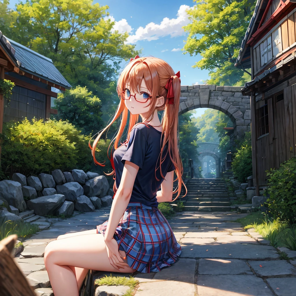 Red-blonde、blue hair、blue eyeraid、one good looking girl、solo、anime、Plaid miniskirt、camisole、black t-shirt、forest、sitting、Tilting your face、Doing the ribbon、sunset sky、stone bridge、stone stairs、petal、tunnel、stretching one&#39;s back、Fallen leaveixing glasses