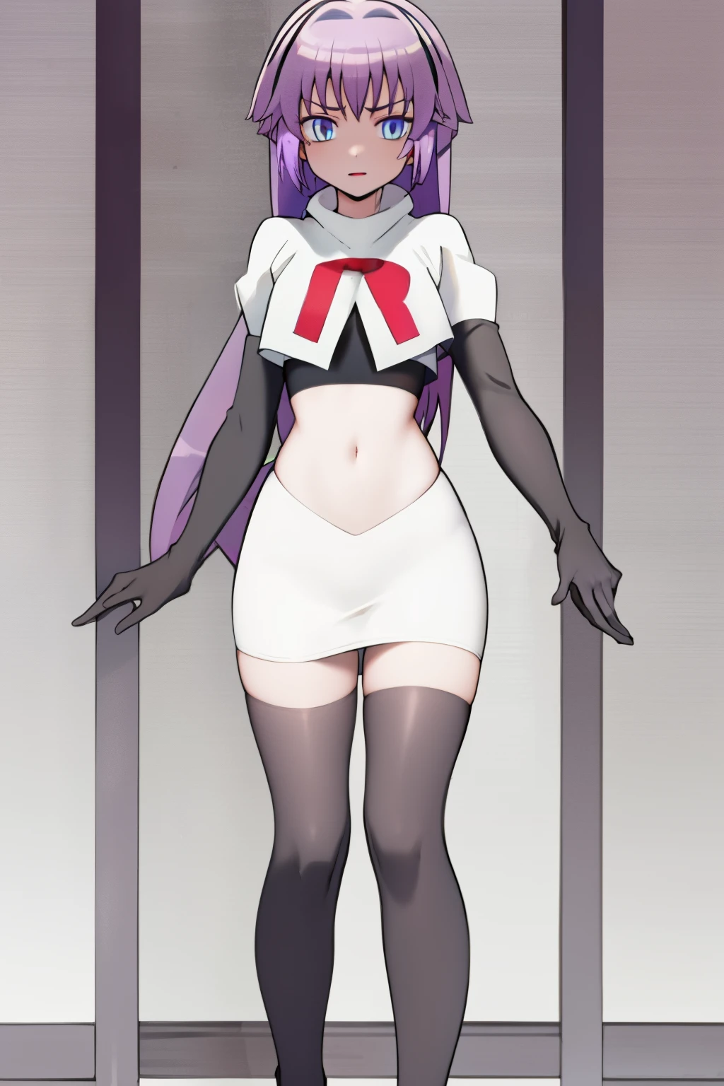 (best quality, 8k, 32k, masterpiece, UHD:1.2), 1girl, absurdres , RitsuR4, purple hair, blue eyes, blue eyes, very long hair,  team rocket,team rocket uniform, red letter R, white skirt,white crop top,black thigh-highs,black elbow gloves