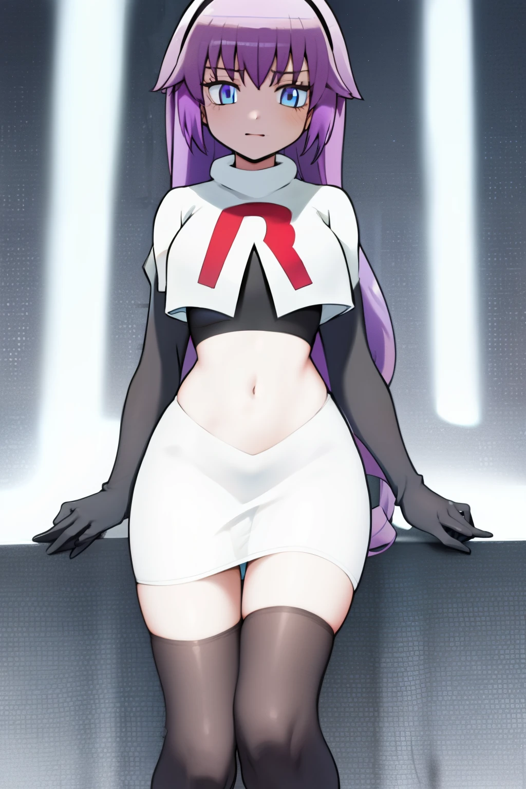 (best quality, 8k, 32k, masterpiece, UHD:1.2), 1girl, absurdres , RitsuR4, purple hair, blue eyes, blue eyes, very long hair,  team rocket,team rocket uniform, red letter R, white skirt,white crop top,black thigh-highs,black elbow gloves