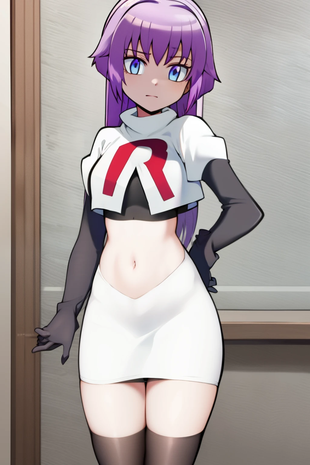 (best quality, 8k, 32k, masterpiece, UHD:1.2), 1girl, absurdres , RitsuR4, purple hair, blue eyes, blue eyes, very long hair,  team rocket,team rocket uniform, red letter R, white skirt,white crop top,black thigh-highs,black elbow gloves