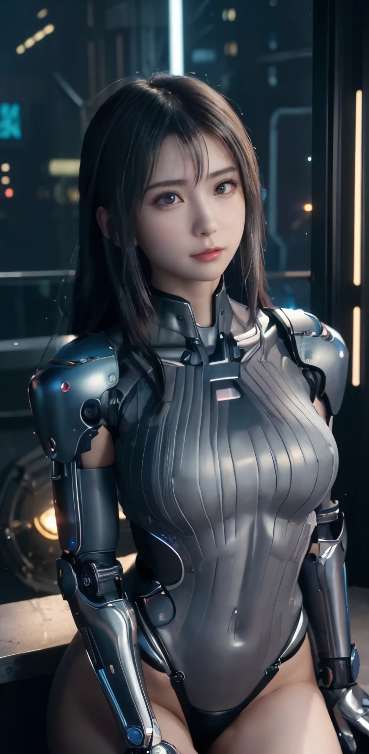 masterpiece、((gray sweater))、 ((plug suit)), ((beautiful girl:1.2))、i don't'no arms.、mechanized body、Mechanized chest and abdomen、mechanized occiput、Mecha leg rack metallic suit that fits perfectly to the body、 Are standing、tied up、金属robot、((cyberpunk background))、(neon light)、(Futuristic machine factory background)、Cyberdyne、artificial body、All metal body、ironwork、abdominal mechanism、((robotアームとハンド))、((robotの足))、((machine neck))、Inside the spaceship、beautiful girl、16 years old、asian beauty, (Actuator and cable exposed from abdomen.、金属製robotの首から胴体までつながっている、Complex 3d rendering beautiful porcelain profile super be familiar withd female android face、cyborg、robot部品、150mm、Soft light in a beautiful studio、rim light、vivid details、gorgeous cyberpunk、Ren Hao、超realistic、anatomical、facial muscles、cable wire microchip、elegant、beautiful background、octane rendering、HR giger style、8K、highest quality、masterpiece、enlightenment、very delicate and beautiful、 非常にbe familiar withなCG、unity、wallpaper、(realistic、Photoreal:1.37)、wonderful、be familiar with、masterpiece、highest quality、official art、Highly be familiar withd CG unity 8k wallpaper、absurd、incredibly absurd、、robot、Silver Beadal Body Esbian、sit on top