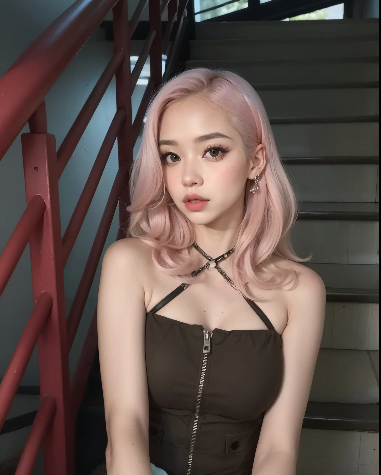 there is a woman con cabello rosado sitting on a stair, con cabello rosado, ulzzang, tono de piel rosa pastel, parque roseanne de blackpink, cabello rosado que fluye, pelo liso rosa, cabello rosa claro, long cabello rosado que fluye, cabello rosado y ralo, muchacha coreana, retrato de jossi de blackpink, peinado de corte hime blanco, linda chica con pelo corto rosa