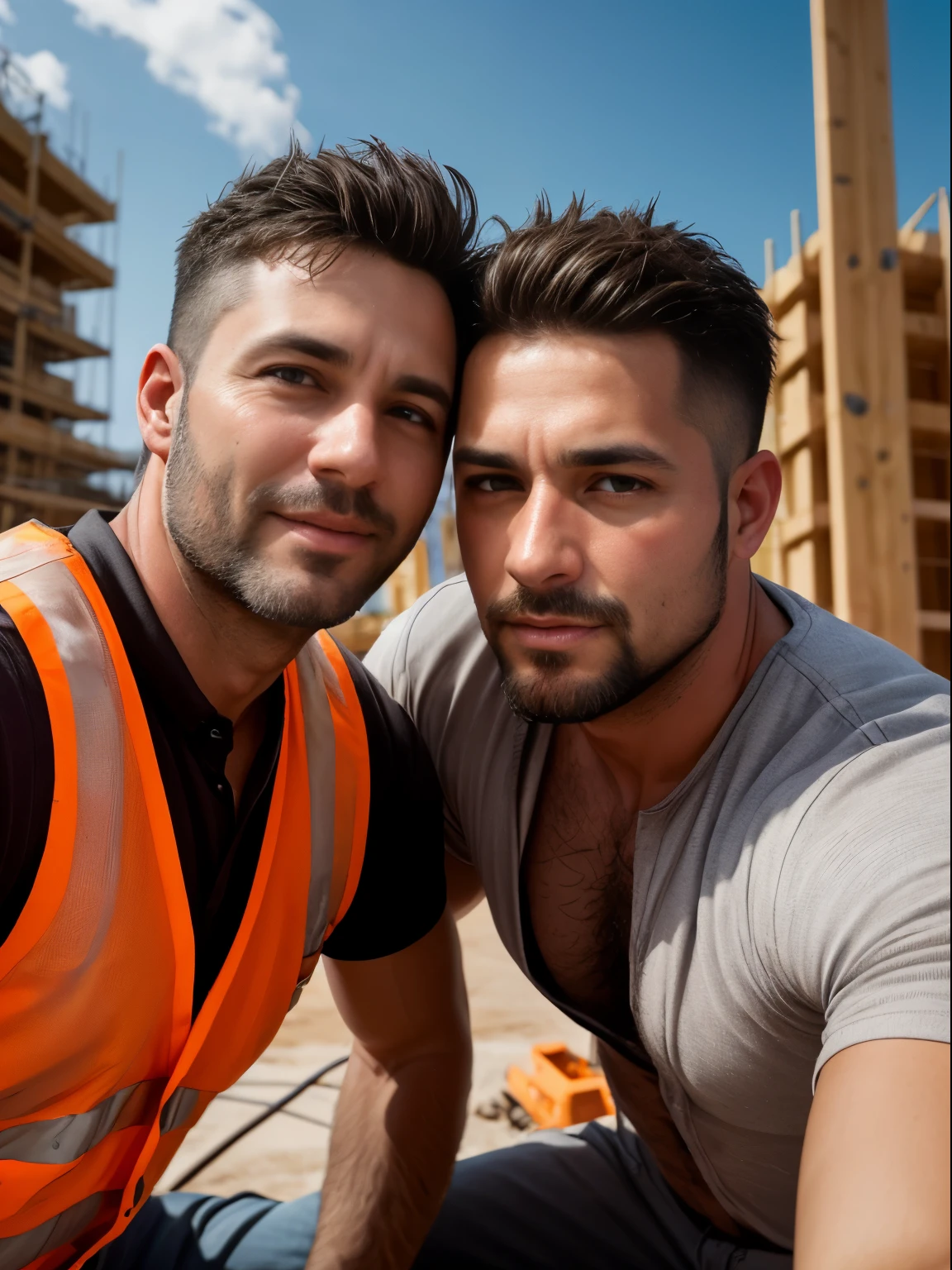 masterpiece, best quality, high resolution, closeup portrait, male focus, solo focus, A man, 40 years old, with construction worker uniform, unbuttoned work clothes, construction worker, silver grey hair, messy hairstyle, hairy armpit, cute and seductive face, bare chest, body hair, facial hair, roman nose, very skinny body, hairy legs, dimples, beard, bold jawline , in the background a construction site, two men love touch romantic, kneeling, two men kiss, sweaty, sunburnt, orange safety vest, attractive, view from below, amazing composition, front view, HDR, ultra quality, elegant, highly detailed