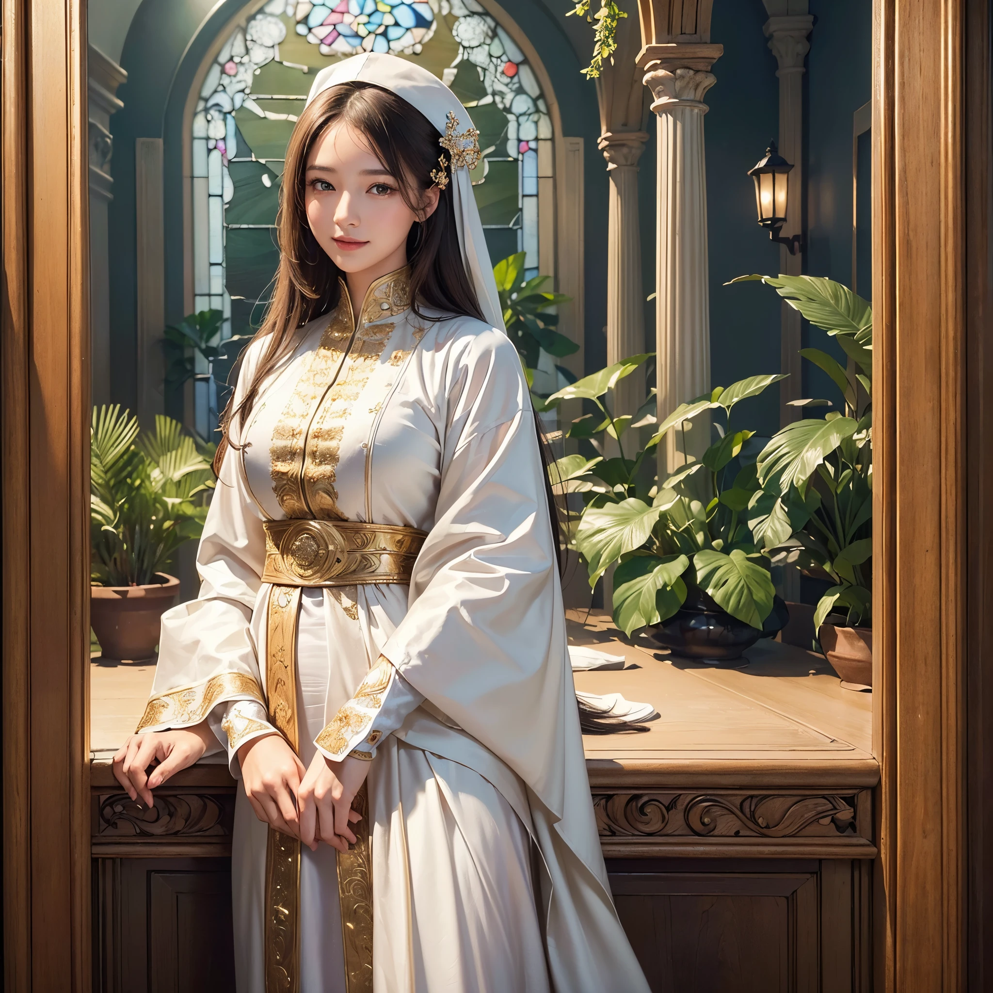((highest quality)),(ultra high resolution),(Super detailed),(detailed description),((best CG)),(best work of art),super precision art,great drawing art,(Art with precise details:1.5), (1 woman:1.6)priest:1.5,gentle smile:1.6,a simple robe:1.5, Beautiful and detailed stained glass:1.6