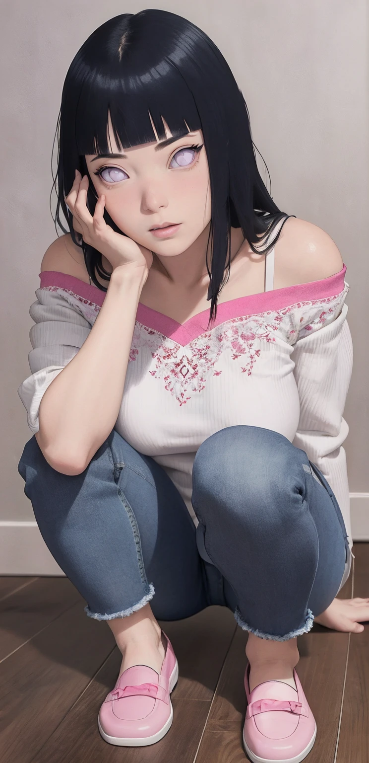 {-erro_de_anatomia:1.0}(Masterpiece - Ultra-Detailed, High Resolution) Masterpiece, absurderes, Hinata\(Boruto\), 1girll, Solo,Mature female, Off-the-shoulder lace shirt, When looking at the camera, Perfect composition, Detailed lips, big breast, Beautiful face, body propotion, Blush, (Pink lips), Long hair, Purple eyes, Soft gaze, Super realistic, Detailed, photoshoot, Realistick faces and bodies, whole body, sitting on the floor, standing, looking at the camera, with white background, lilac shoes, jeans