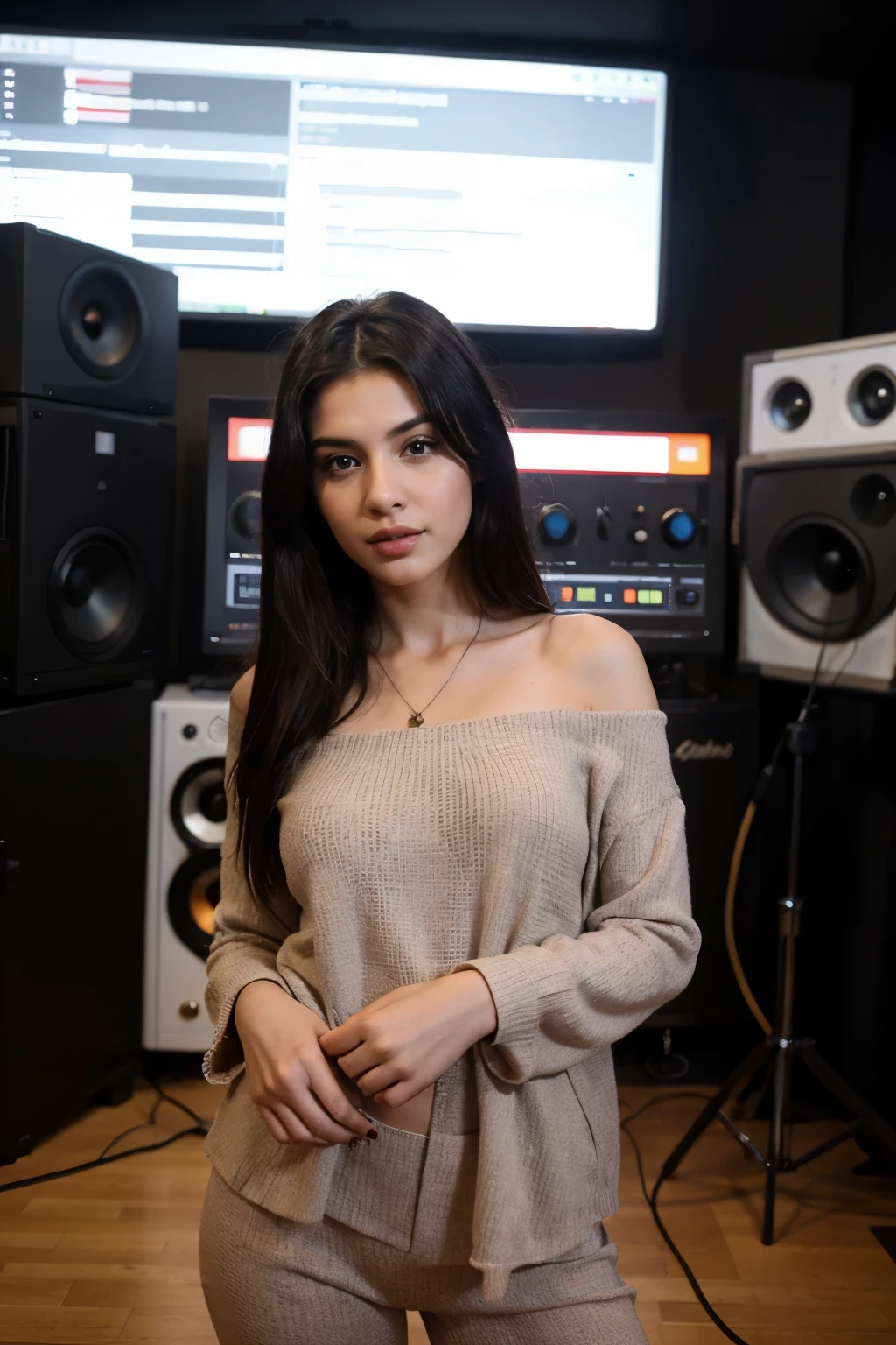 photo of a skinny turkish female model with a black hair, wearing brown hiphop outfit, in a recording studio