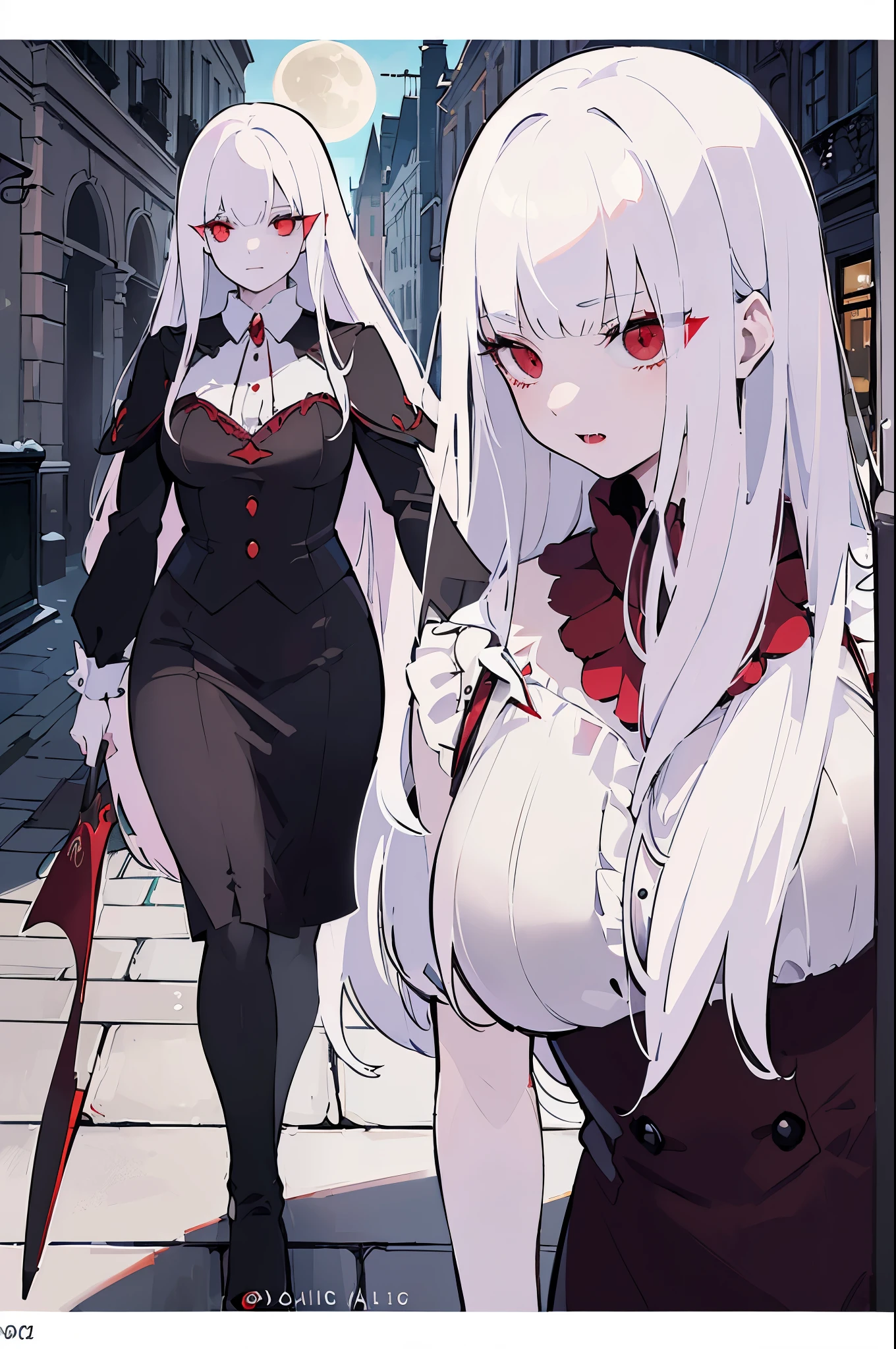 (((Top quality and highly detailed photorealism)))，((Vampire Woman: Red Eyes、Very ),(Walk gracefully along bustling  boulevards),(In the moonlight),(a scene from a movie:1.2))