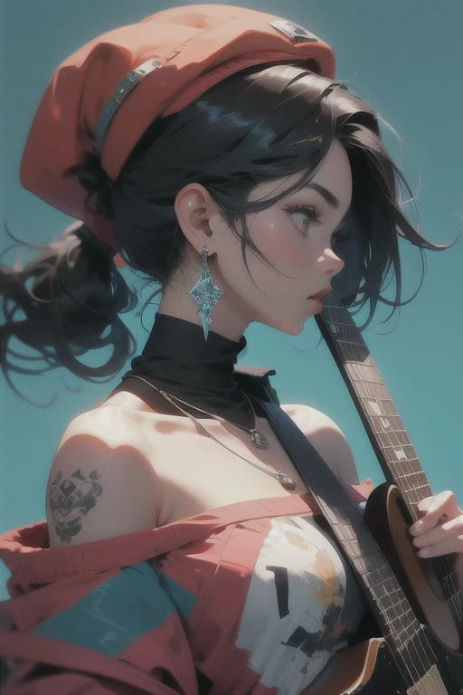 1girl, solo, black hair, hat, jewelry, jacket, ponytail, multicolored hair, earrings, necklace, off shoulder, from side, tattoo, profile, blue background, instrument, realistic, guitar, electric guitar 