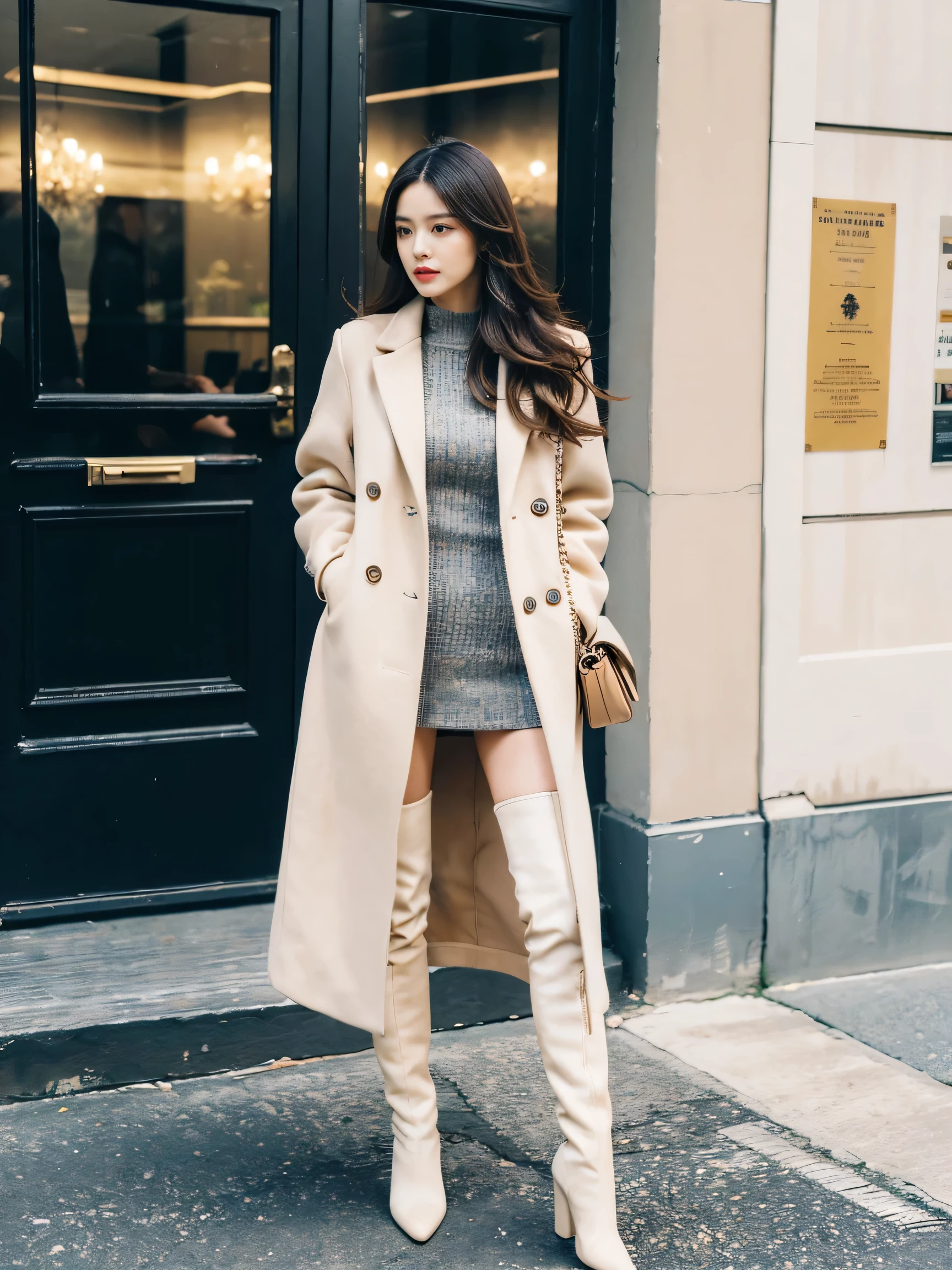 best quality,masterpiece,ultra high resolution,(actual:1.4),original photo,ultra high definition，8k，there  a girl，fashionable clothes,Chanel style，Stylish skinny suit, Long coat，high-class fashion，grace, high boots，over the knee boots，Casual gestures，Leg length