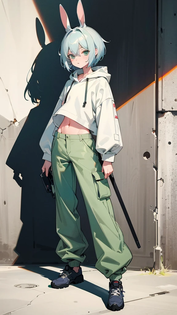 illustration, 2.5D, flat colors: 1.3, Line-Art, black and white, (detailed lights, detailed shadows), a woman in a white shirt and green pants posing for a photo, Cai Xukun, An epic non-binary model, baggy clothes and bunny ears, wearing cargo pants, physique: tiny belly, she is wearing streetwear, woman in streetwear, cargo pants, androgynous, wearing a hoodie and sweatpants, wearing a baggy ((modern clothes)) Looking at the viewer , looking at camera, short hair situation