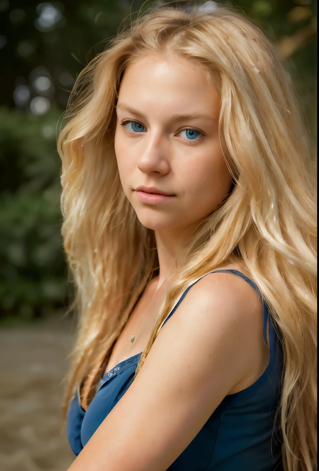 Cinematic film still, photo of a 50 year old european woman, denim shorts, RAW, beautiful woman, (extra long wavy blonde hair), ((portrait)), ((detailed face:1.2)), ((detailed facial features)), (finely detailed skin), pale skin, toned abs, alluring blue eyes, slim body, big perfect breasts, armpit crease, beachside environment,warm colors, (masterpiece) (perfect proportion)(realistic photo)(best quality) (detailed) photographed on a Canon EOS R5, 50mm lens, F/2.8, HDR, (8k) (wallpaper) (cinematic lighting) (dramatic lighting) (sharp focus) (intricate)