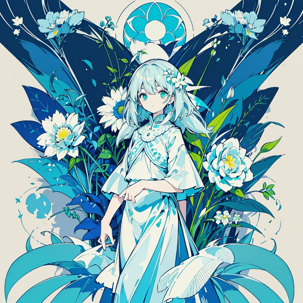 (blue moon, white flower field, green road, geometric pattern), (low contrast, flat color, limited palette)