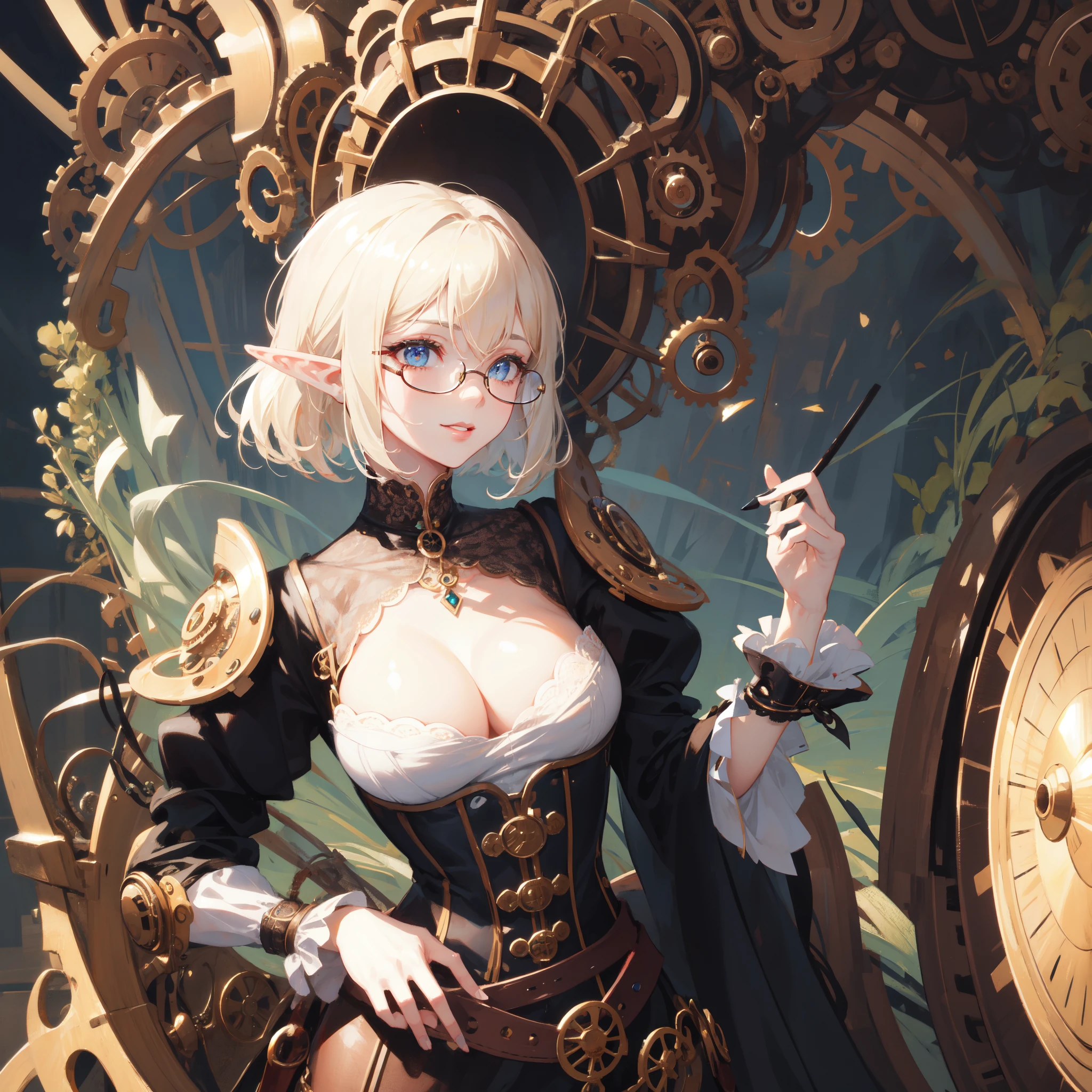 ((masterpiece )), (top quality), (best quality), ((ultra-detailed, 8k quality)), Aesthetics, Cinematic lighting, (detailed line art), Beautiful digital artwork, Exquisite digital illustration, absurdres,
BREAK,
beauty of elf girl, lady in the hat and round steel gear, glasses, victorian clothes, deep_cleavage, shiny skin,(steampunk_costume), corset, Hat, ((steampunk)), cinematography, crafted, elegant, Hippie Glasses Retro Round Metal, walking, Dynamic angle,
BREAK,
highly detailed of (elf), (1girl), perfect face, details eye, Bob cut hair, Blunt bangs, (hair between eye), blonde white hair, blue eyes, eyelashes, eyeshadow, pink eyeshadow, smile, design art by Artgerm, by Kawacy, By Yoshitaka Amano,
BREAK,
((perfect anatomy)), nice body, medium breast, extremely detailed finger, best hands, perfect face, beautiful face, beautiful eyes, perfect eyes, perfect fingers, correct anatomy,