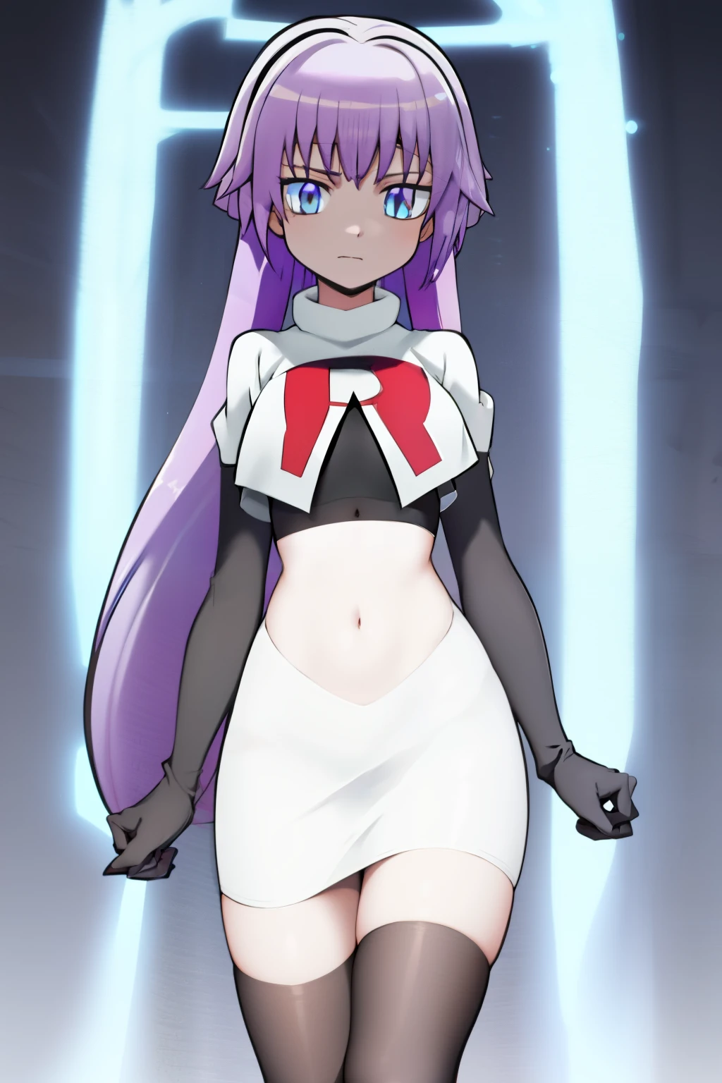 (best quality, 8k, 32k, masterpiece, UHD:1.2), 1girl, absurdres , RitsuR4, purple hair, blue eyes, blue eyes, very long hair,  team rocket,team rocket uniform, red letter R, white skirt,white crop top,black thigh-highs,black elbow gloves