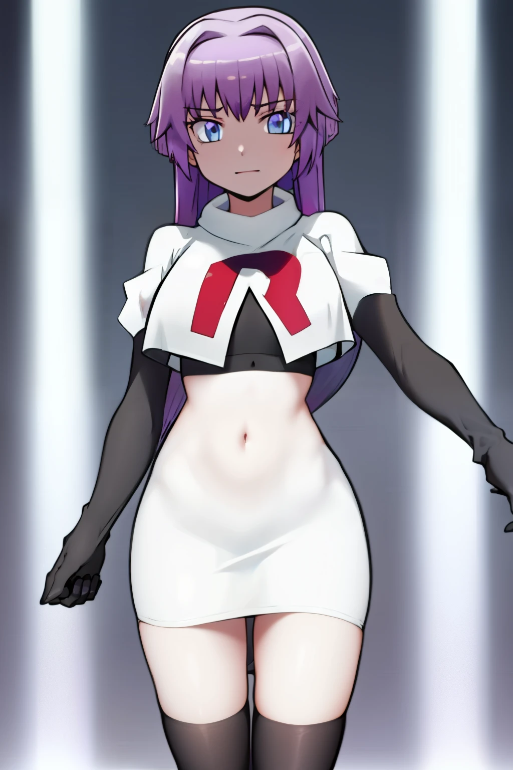 (best quality, 8k, 32k, masterpiece, UHD:1.2), 1girl, absurdres , RitsuR4, purple hair, blue eyes, blue eyes, very long hair,  team rocket,team rocket uniform, red letter R, white skirt,white crop top,black thigh-highs,black elbow gloves