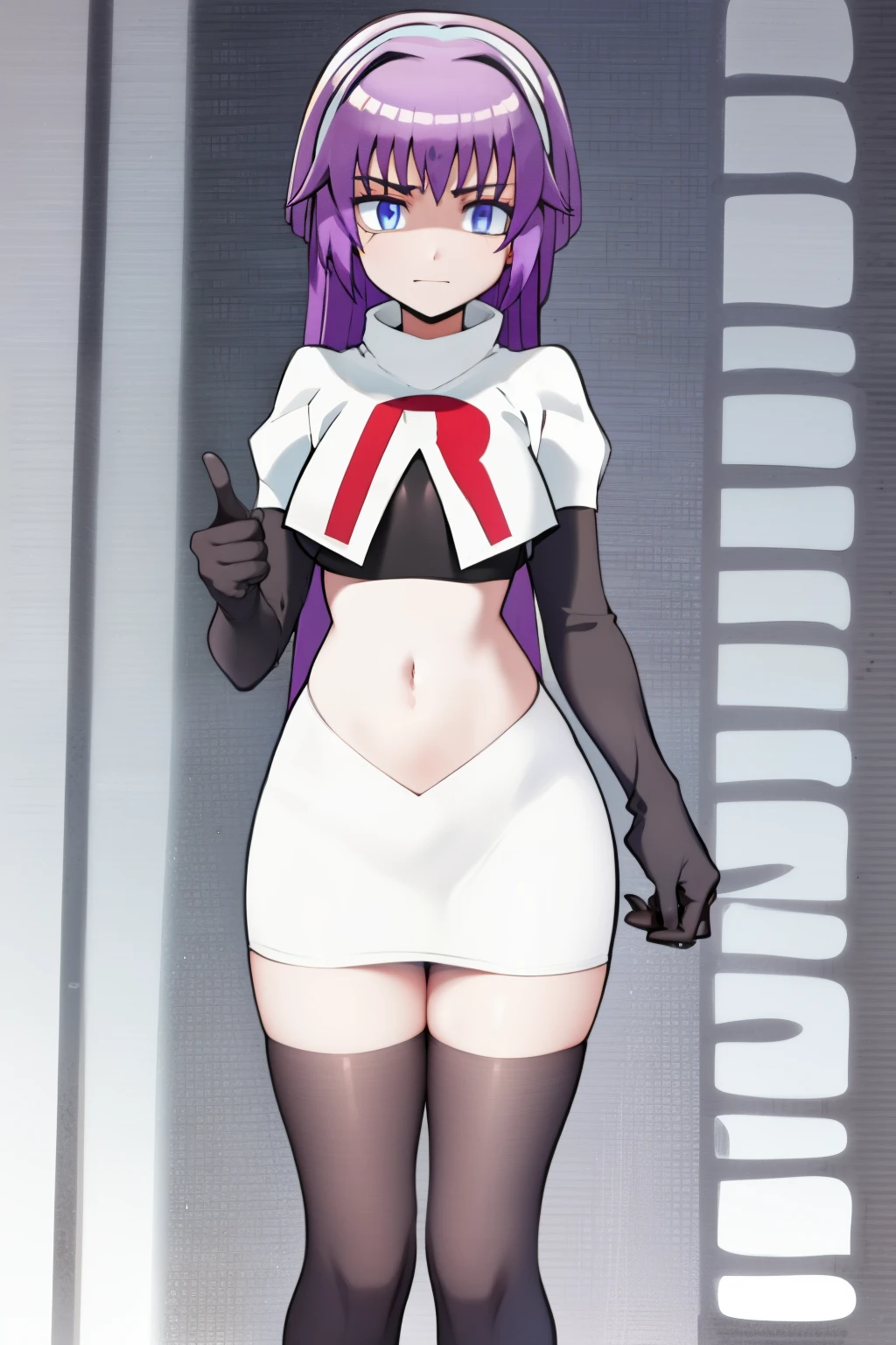 (best quality, 8k, 32k, masterpiece, UHD:1.2), 1girl, absurdres , RitsuR4, purple hair, blue eyes, blue eyes, very long hair,  team rocket,team rocket uniform, red letter R, white skirt,white crop top,black thigh-highs,black elbow gloves