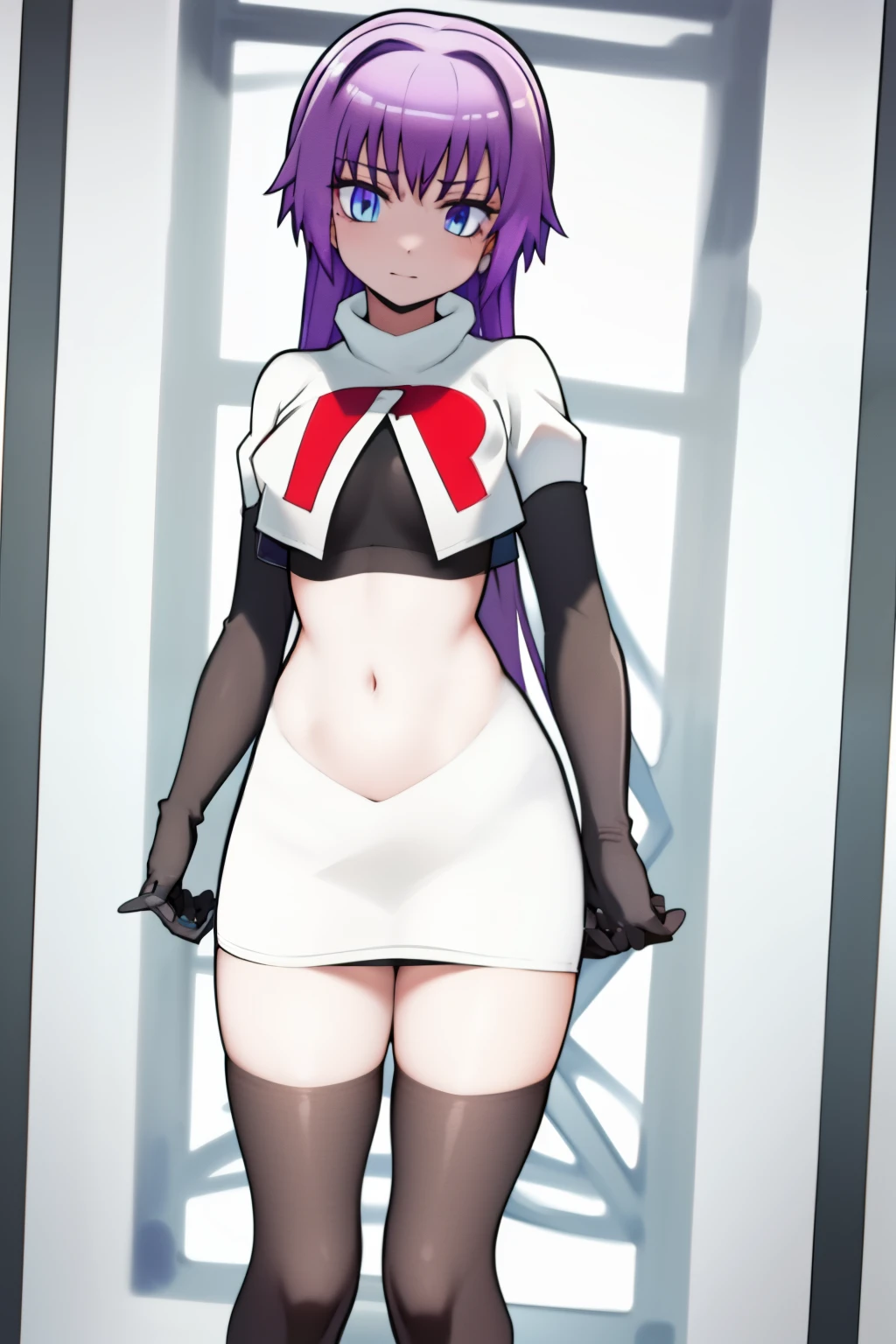 (best quality, 8k, 32k, masterpiece, UHD:1.2), 1girl, absurdres , RitsuR4, purple hair, blue eyes, blue eyes, very long hair,  team rocket,team rocket uniform, red letter R, white skirt,white crop top,black thigh-highs,black elbow gloves