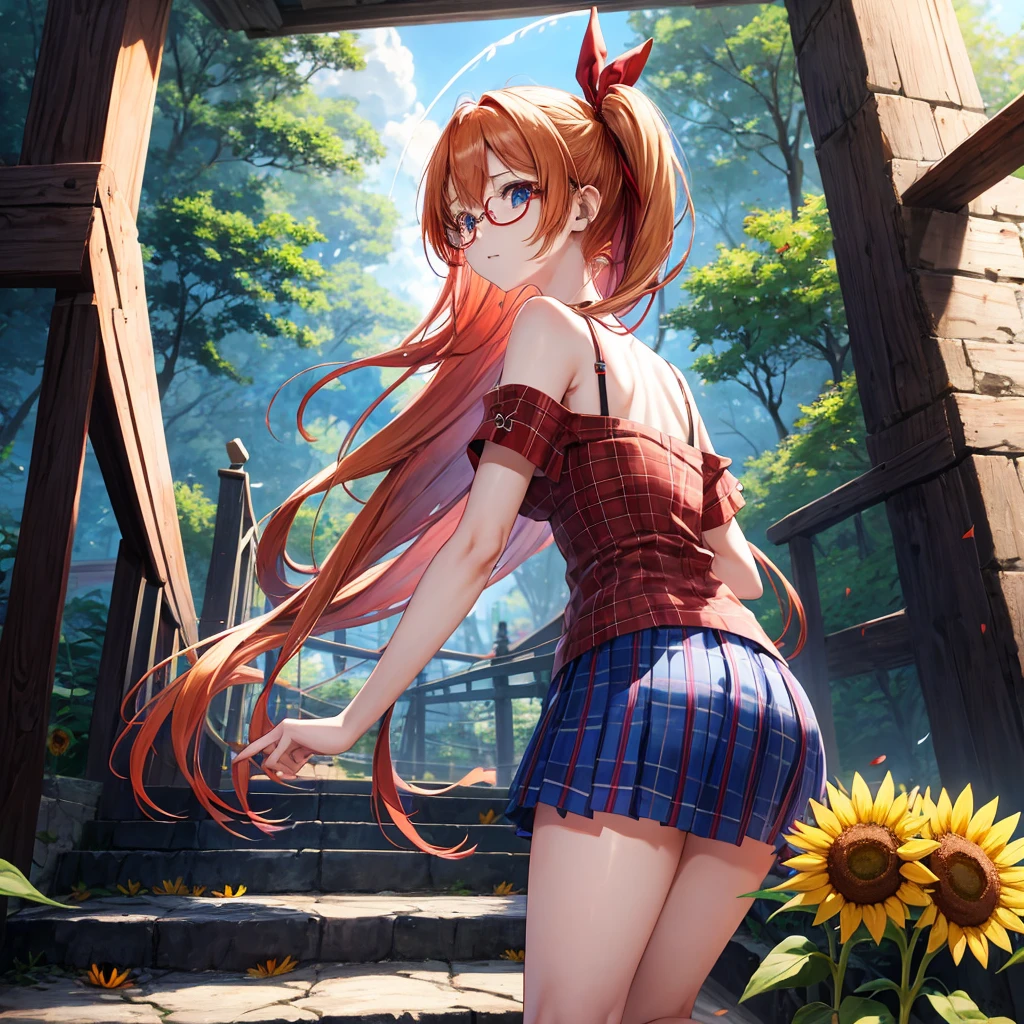 Red-blonde、blue hair、blue eyeraid、one good looking girl、solo、anime、Plaid miniskirt、camisole、black t-shirt、forest、walking、Tilting your face、Doing the ribbon、sunset sky、suspended bridge、stone stairs、petal、tunnel、stretching one's back、Fallen leaveixing glasses、sunflower、waterfall