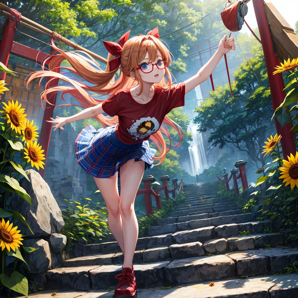 Red-blonde、blue hair、blue eyeraid、one good looking girl、solo、anime、Plaid miniskirt、camisole、black t-shirt、forest、walking、Tilting your face、Doing the ribbon、sunset sky、suspended bridge、stone stairs、petal、tunnel、stretching one's back、Fallen leaveixing glasses、sunflower、waterfall