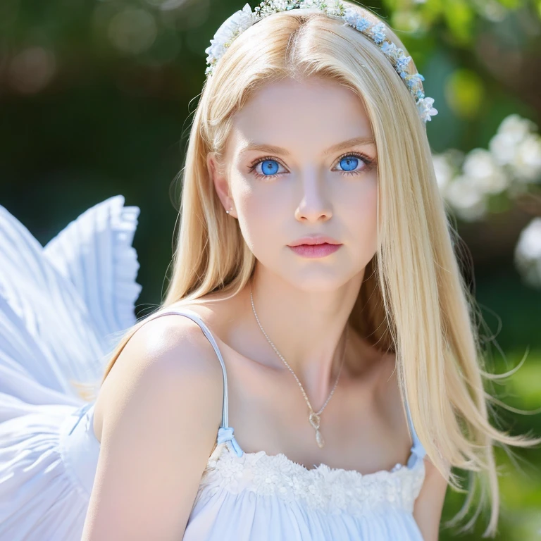 goddess、blonde、blue eyes、wearing a white dress